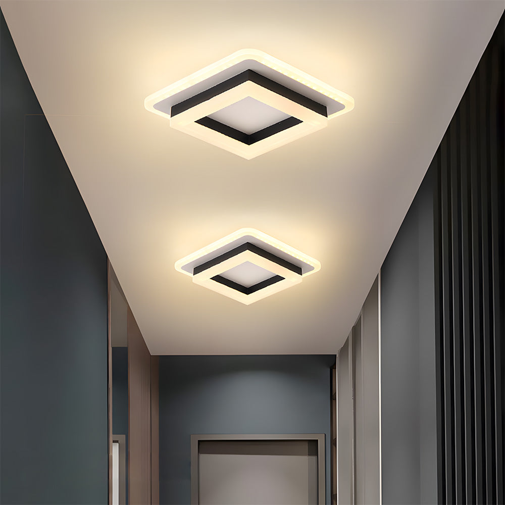 Square LED Flush Mount Ceiling Light 7.7 in Black Gold Modern Geometric Fixture for Bedroom Hallway Office Entryway Layered Frame Low Profil | Thomler