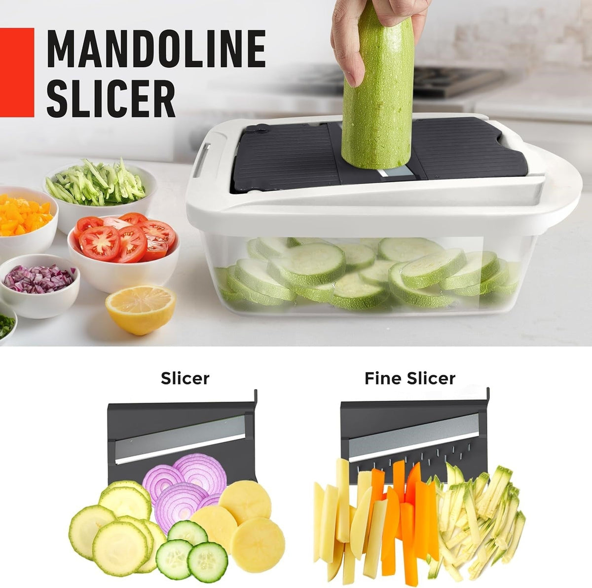 Mandolina de cocina con 8 cuchillas: herramienta de preparación para cortar en dados, en juliana y rallar verduras