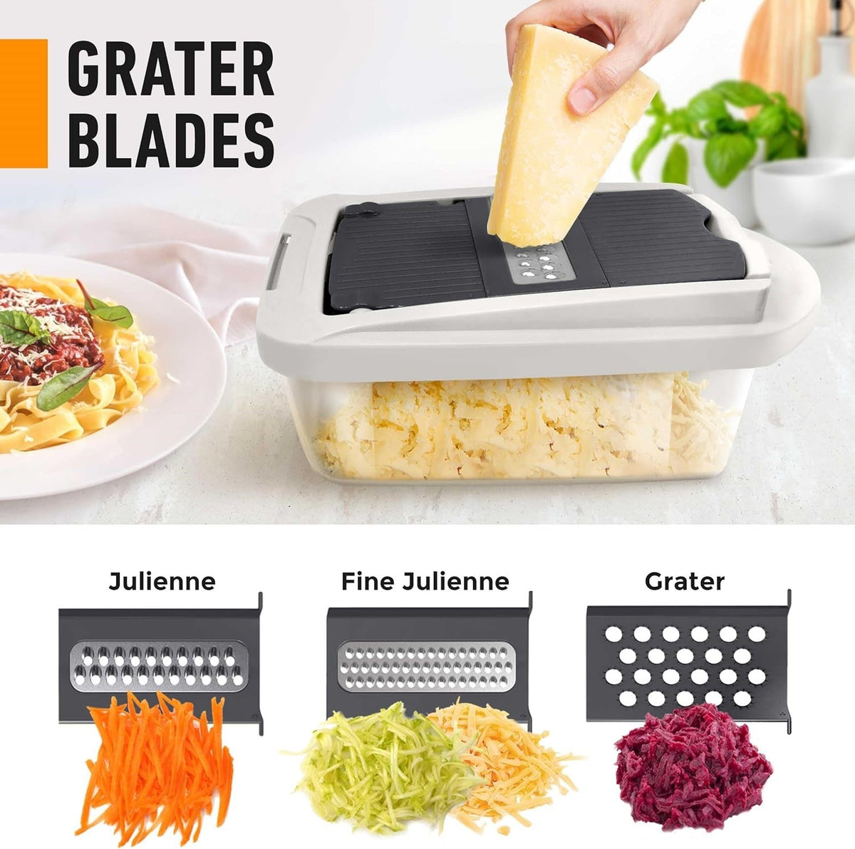 Mandolina de cocina con 8 cuchillas: herramienta de preparación para cortar en dados, en juliana y rallar verduras