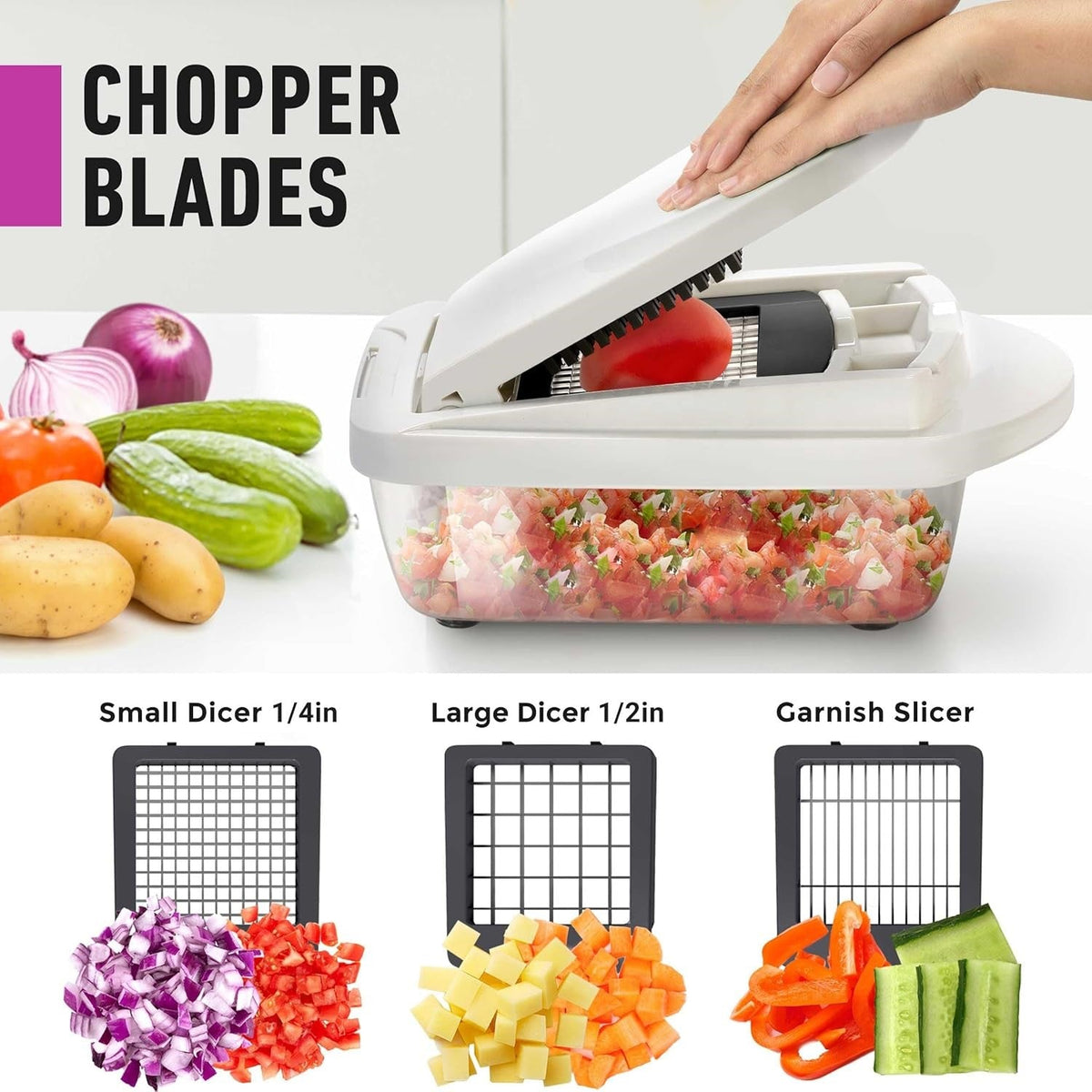 Mandolina de cocina con 8 cuchillas: herramienta de preparación para cortar en dados, en juliana y rallar verduras