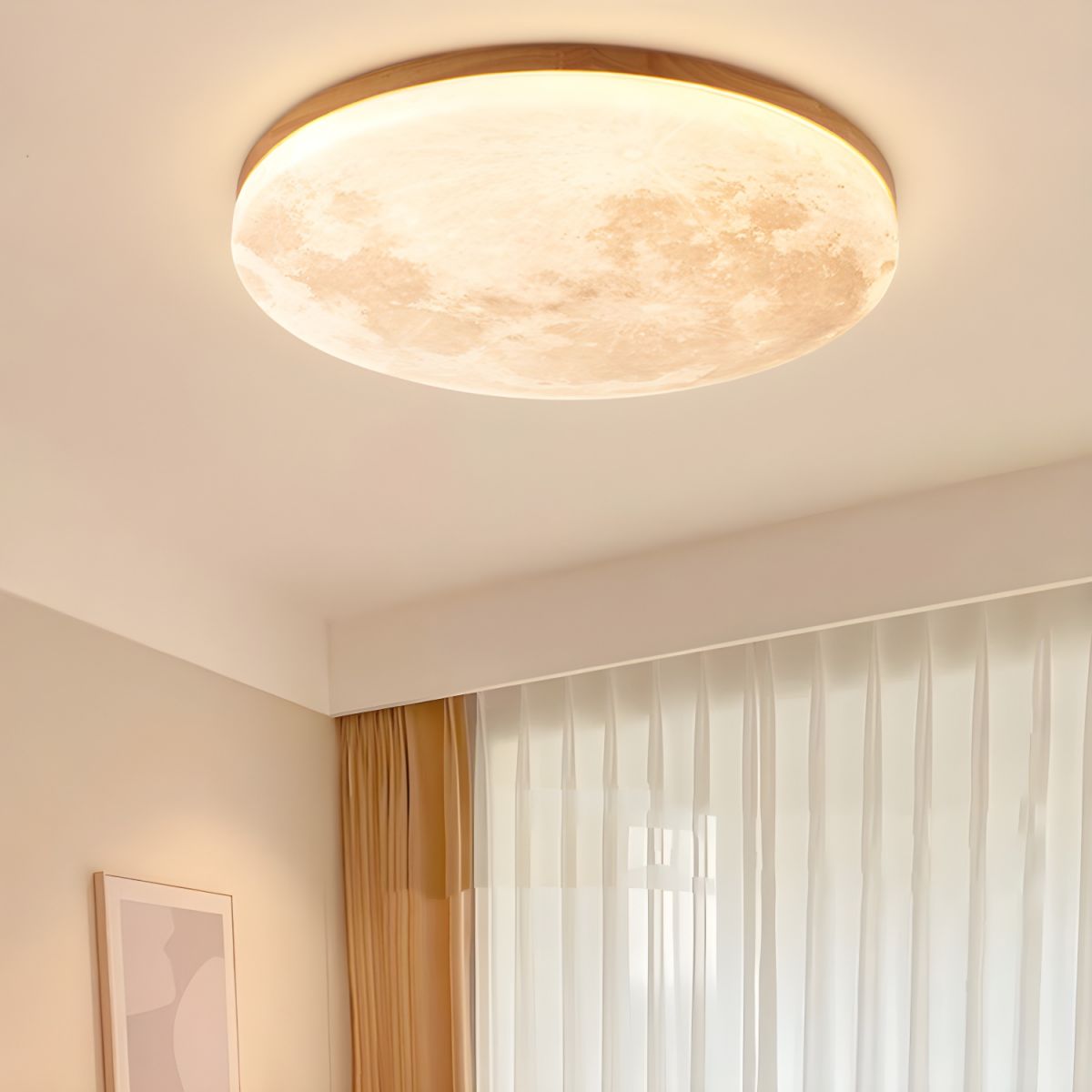 Runde LED-Unterputz-Deckenleuchte mit Mondoberflächen-Design, Holz & Acryl, 48 cm Durchmesser, für Schlafzimmer, Wohnzimmer und Flure, modernes Ambiente