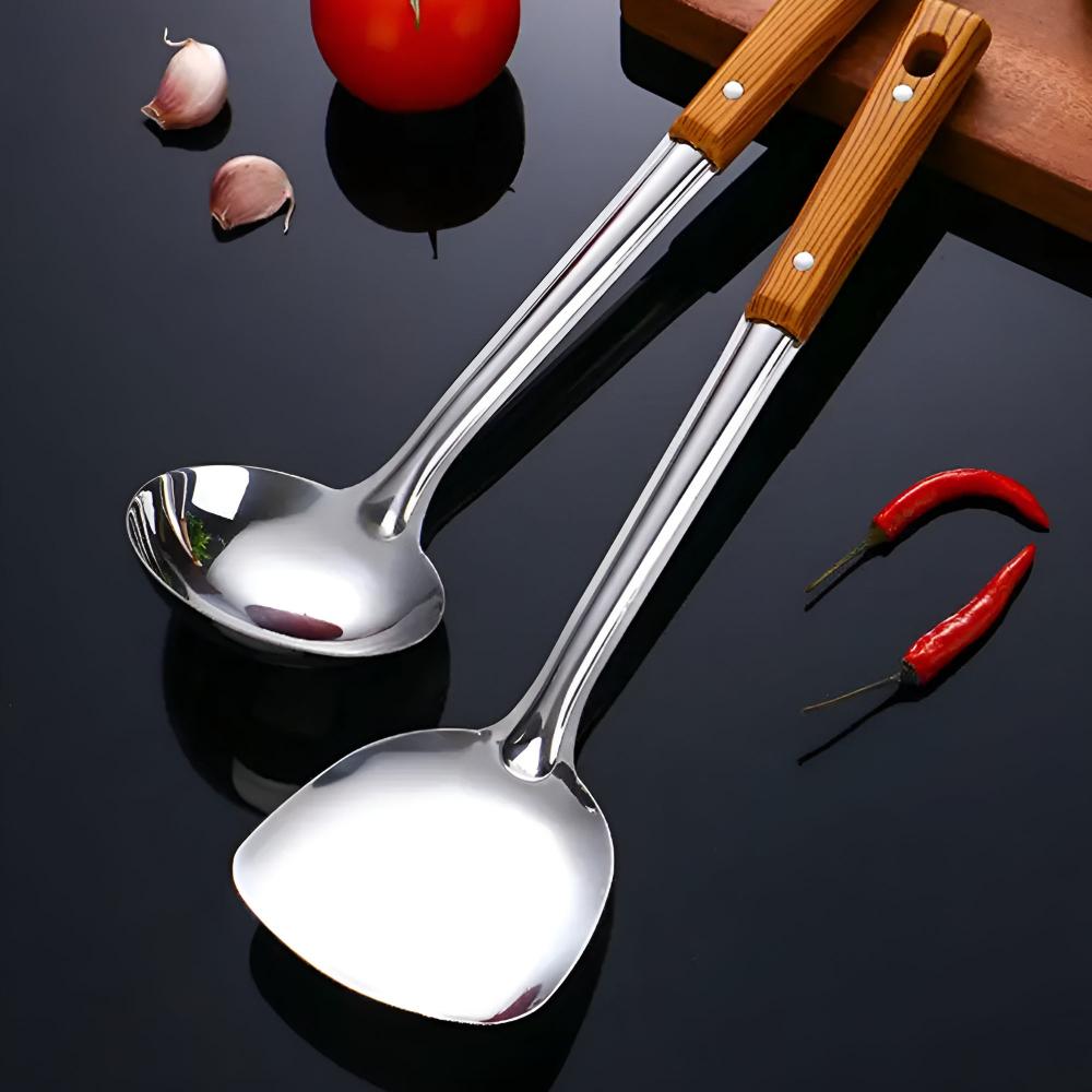 5-Piece Cooking Utensil Set with Wood Handles - Stainless Steel Serving Spoons Spatula Ladle for Nonstick Pans | Thomler