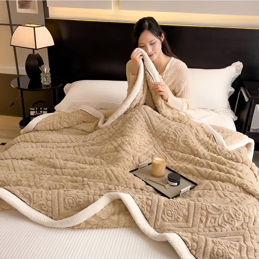 Carved Plush Throw with Sherpa Backing – Double-Sided Blanket for Bed, Couch & Travel