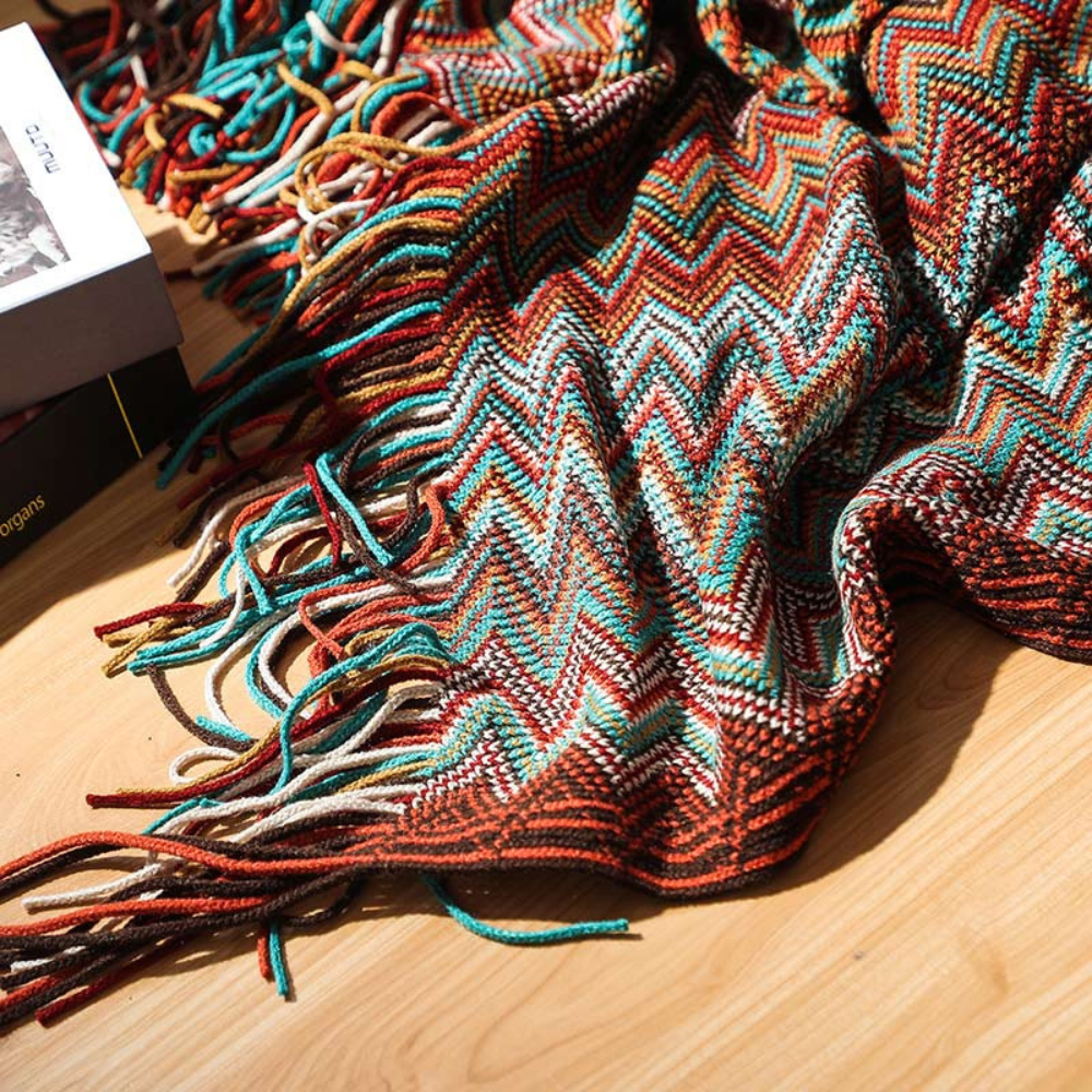 Chevron Knit Throw Blanket with Fringe Trim – Lightweight Acrylic for Year-Round Comfort