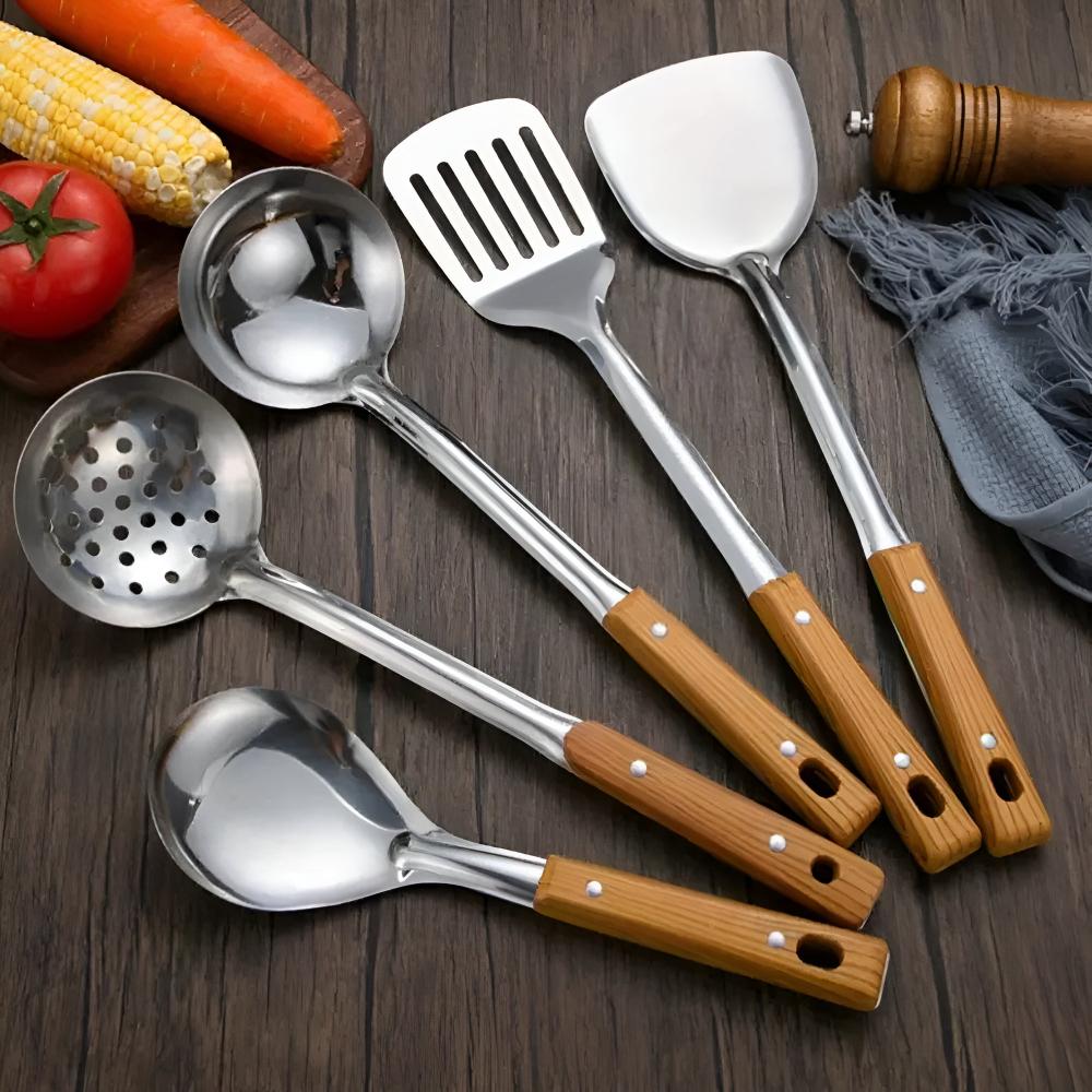 5-Piece Cooking Utensil Set with Wood Handles - Stainless Steel Serving Spoons Spatula Ladle for Nonstick Pans | Thomler