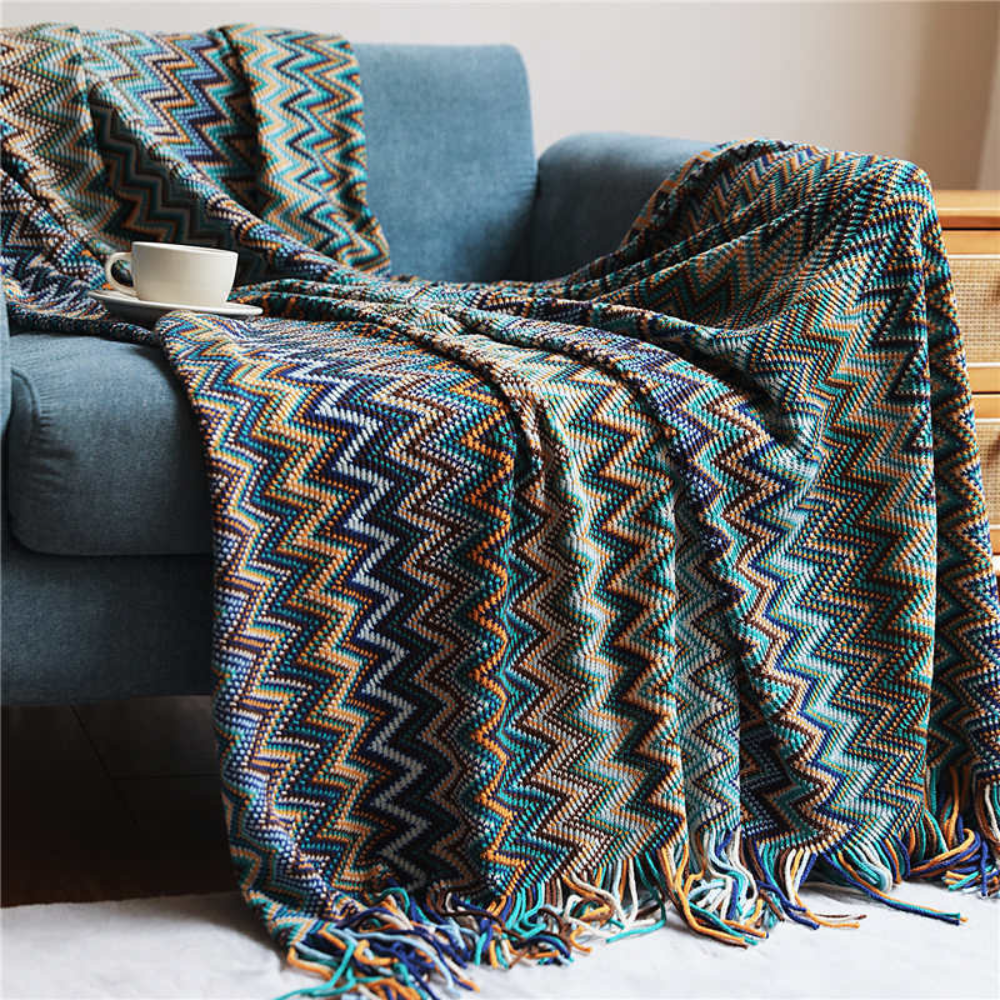Chevron Knit Throw Blanket with Fringe Trim – Lightweight Acrylic for Year-Round Comfort