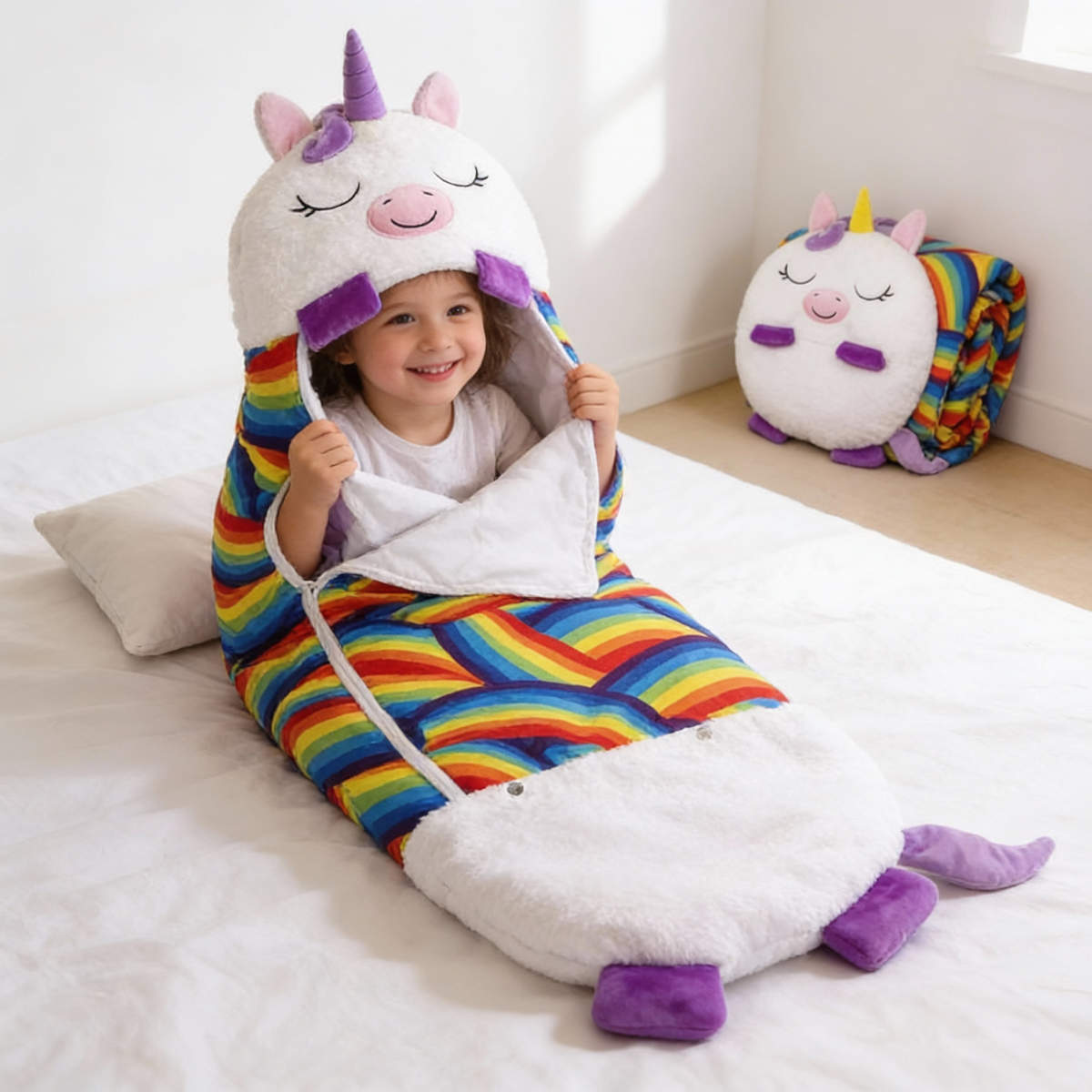 Verwandelbarer Kinderschlafsack mit Kissenfunktion in niedlichen Tierdesigns für Übernachtungspartys, Reisen, Mittagsschlaf, Kita und zu Hause.