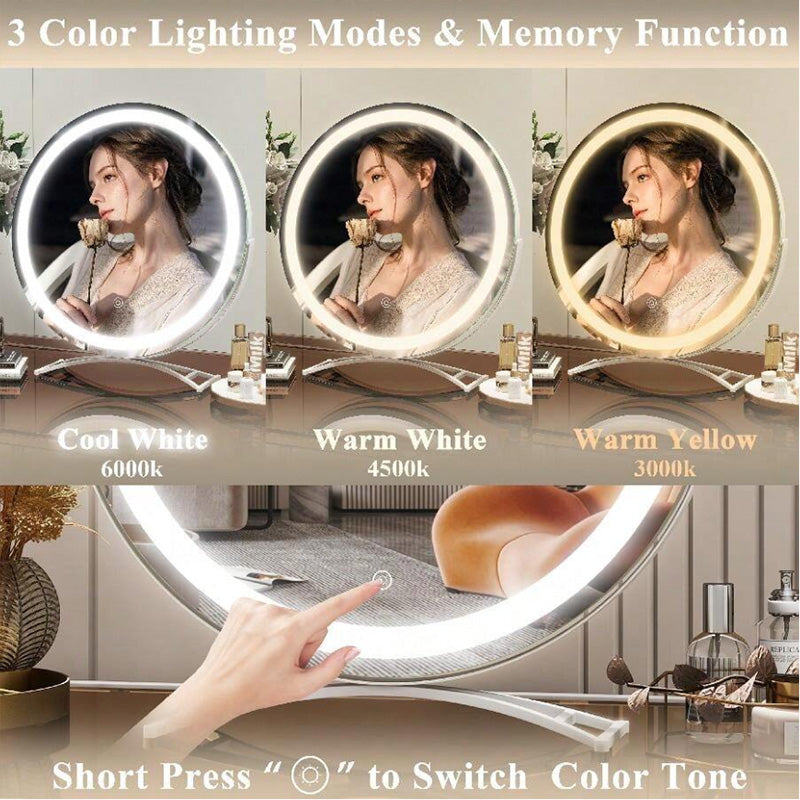 Rechargeable Lighted Vanity Mirror 16 Inch Round Tabletop Mirror with Adjustable LED Brightness Dimmable 360 Rotation for Makeup Skincare Be | Thomler