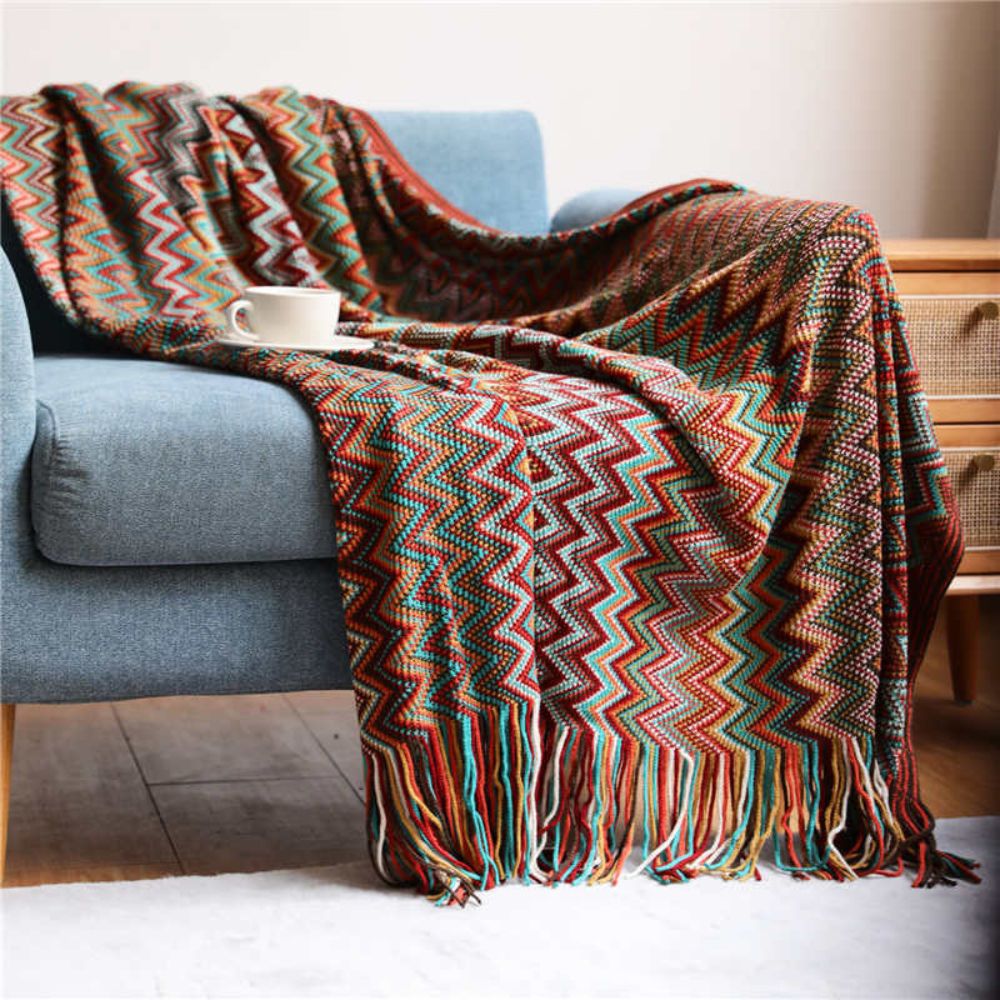 Chevron Knit Throw Blanket with Fringe Trim – Lightweight Acrylic for Year-Round Comfort