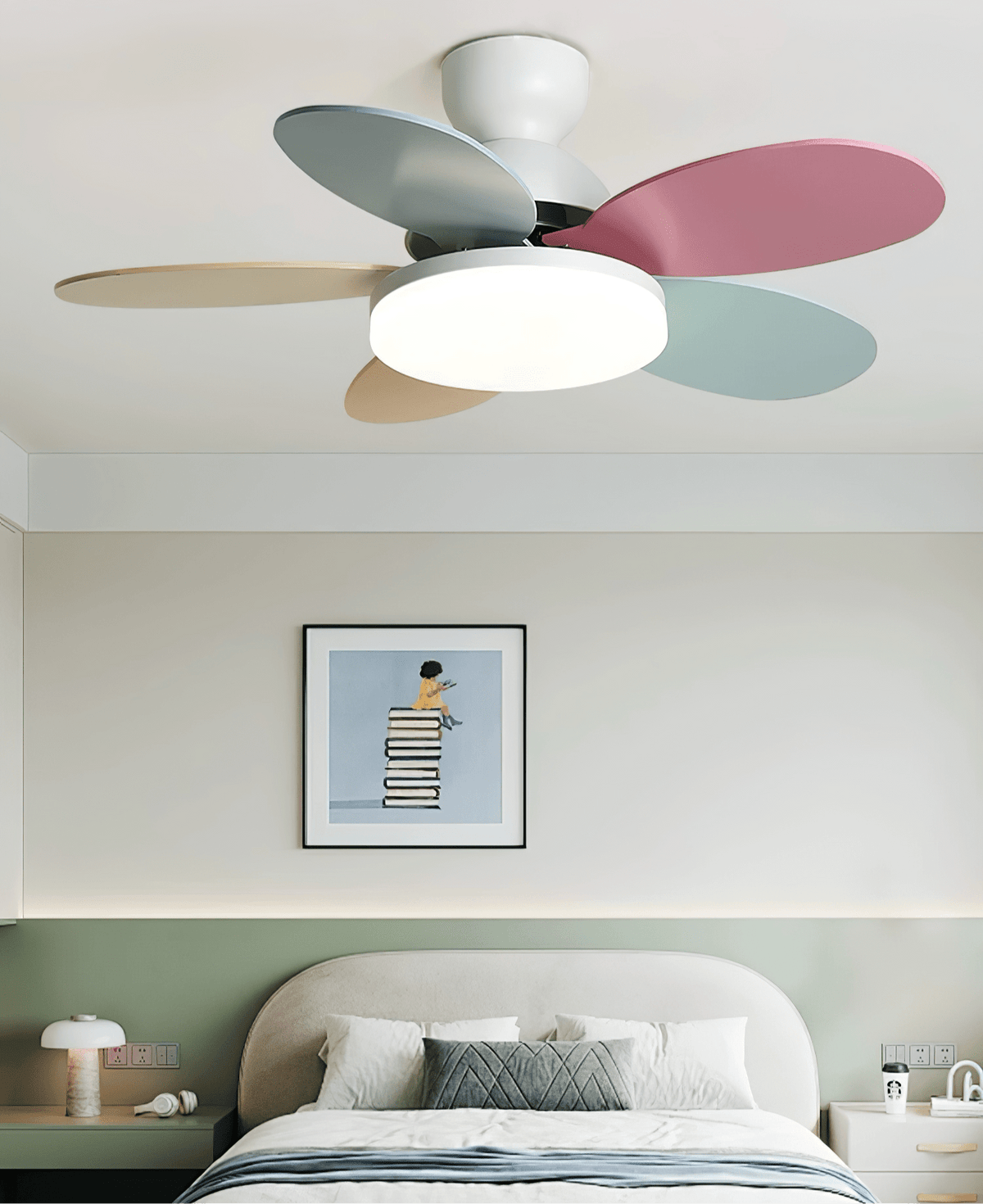 Ventilador de techo para interiores con luz LED, 35 pulgadas, aspas de madera con diseño curvo, 6 velocidades, control remoto, motor de CC para sala de estar, dormitorio, comedor, gris