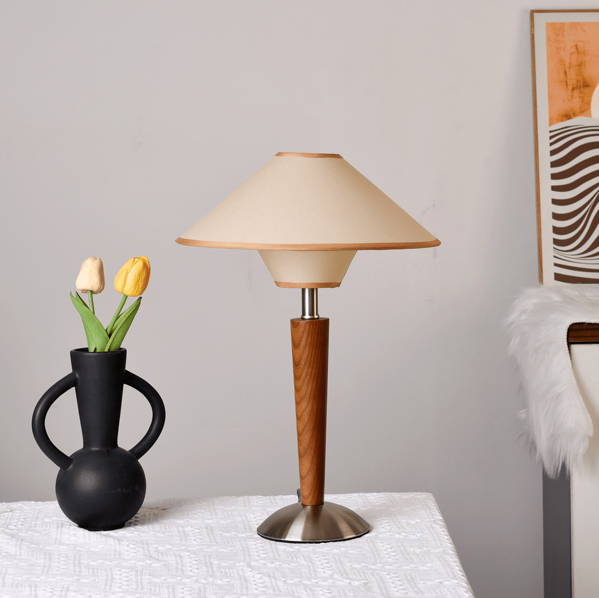 Fabric Shade Table Lamp 17 in for Nightstand & Side Table - Wood Base with E26 Socket for Bedroom Living Room Office Desk Reading Light Mini | Thomler