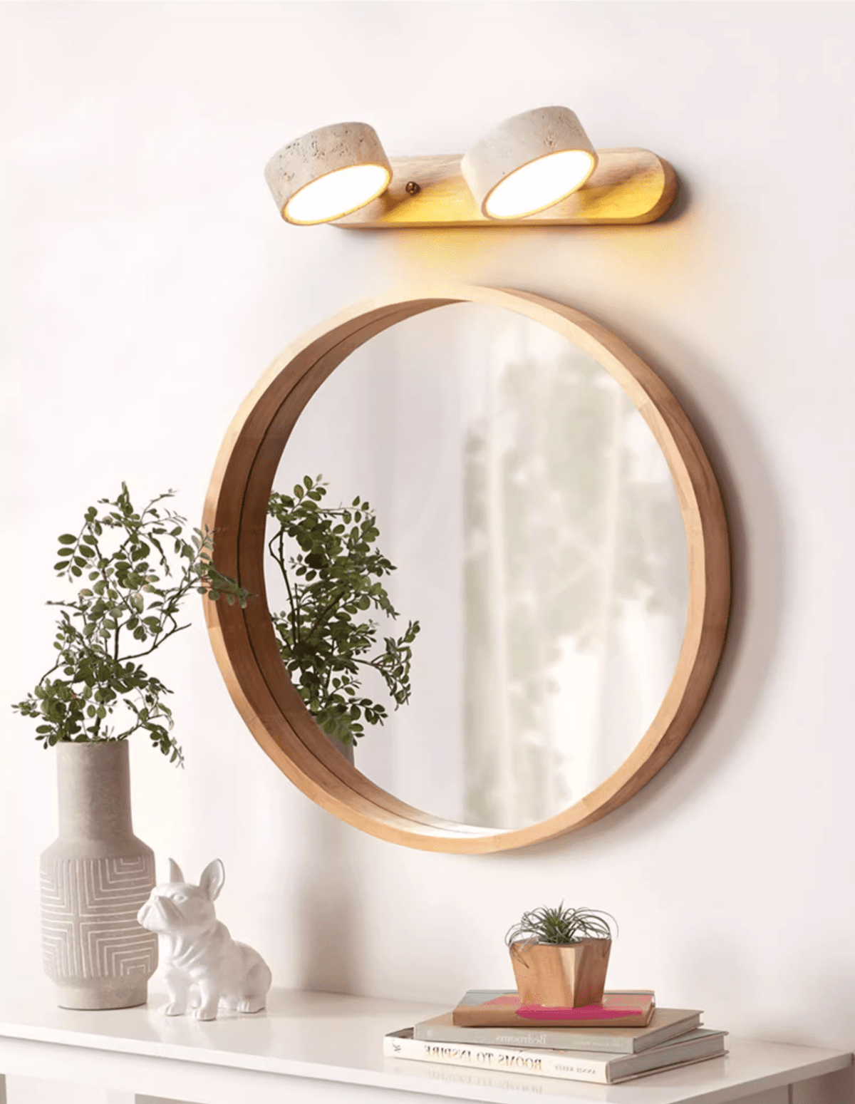 Aplique de pared de piedra natural con LED integrado, lámpara cableada de 2 luces con acento de madera para iluminación ambiental interior en dormitorios, pasillos y salas de estar