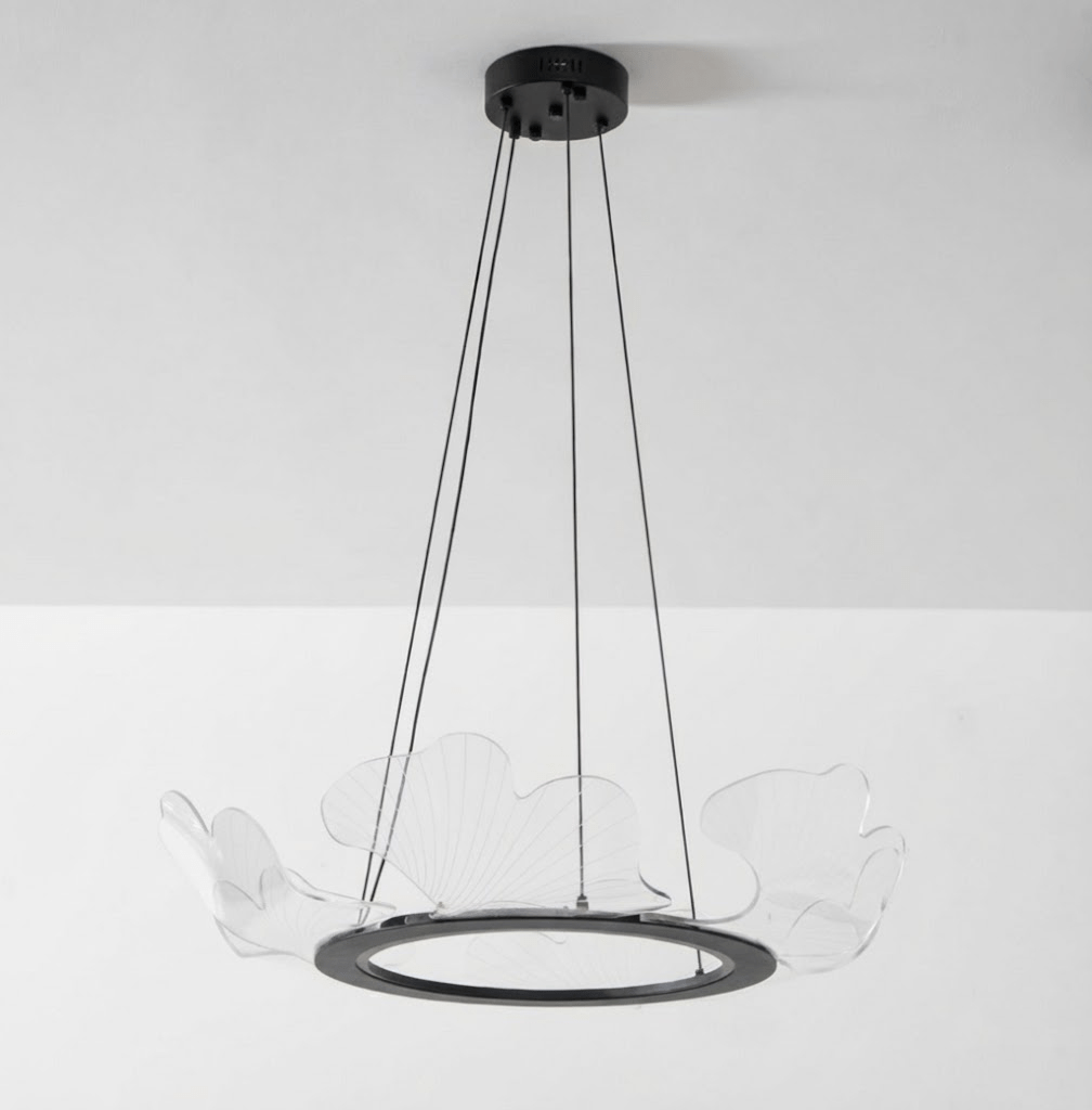 Lámpara colgante redonda con difusor de hojas acrílicas, 27 pulgadas, dorada, altura ajustable, LED para cocina, comedor, oficina, dormitorio, montaje empotrado moderno | Thomler