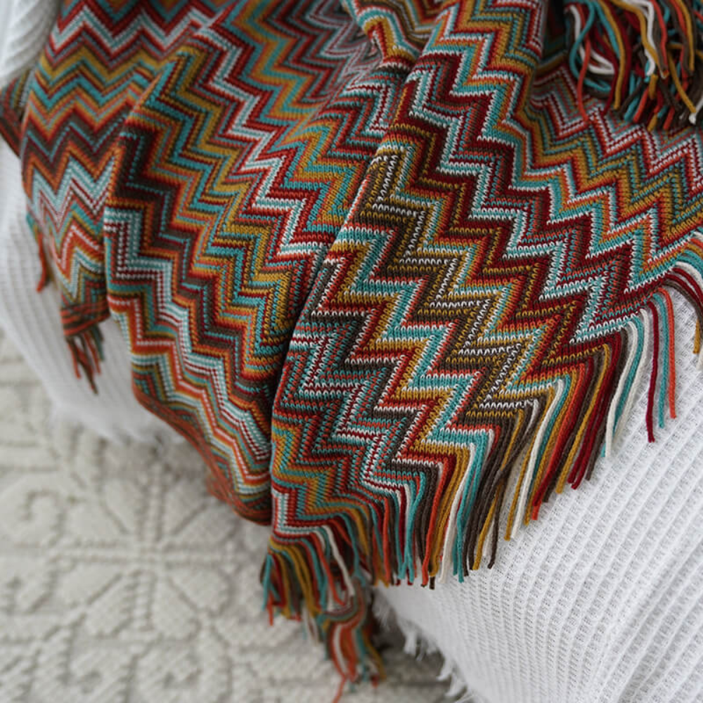 Chevron Knit Throw Blanket with Fringe Trim – Lightweight Acrylic for Year-Round Comfort