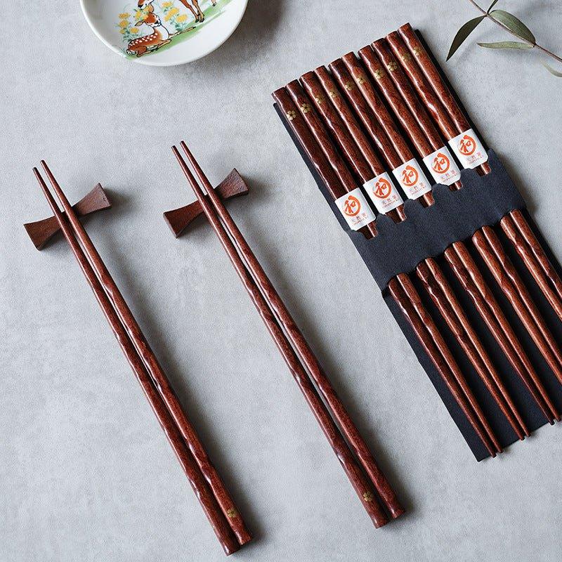 Houten eetstokjes met goudkleurig kersenbloesemdesign – Set van 5 paar voor dineren & speciale gelegenheden | Thomler