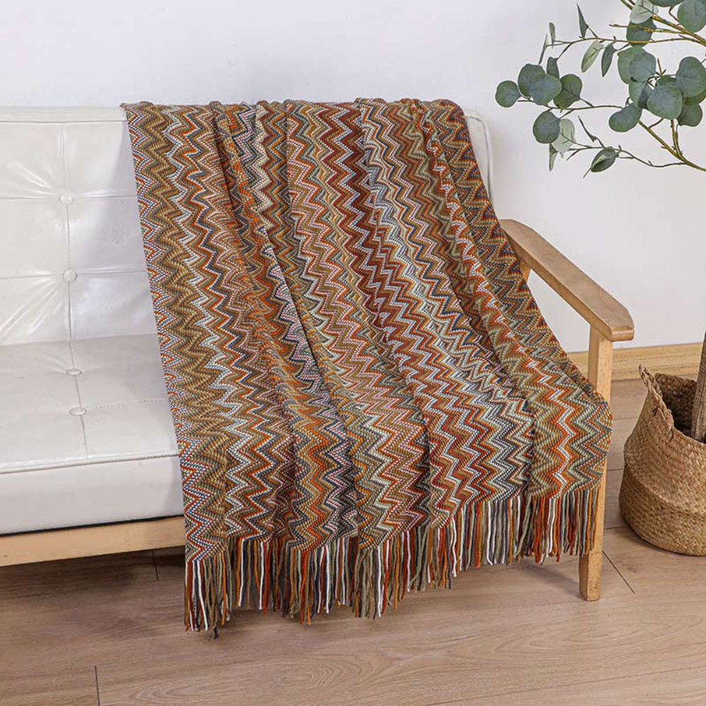 Chevron Knit Throw Blanket with Fringe Trim – Lightweight Acrylic for Year-Round Comfort