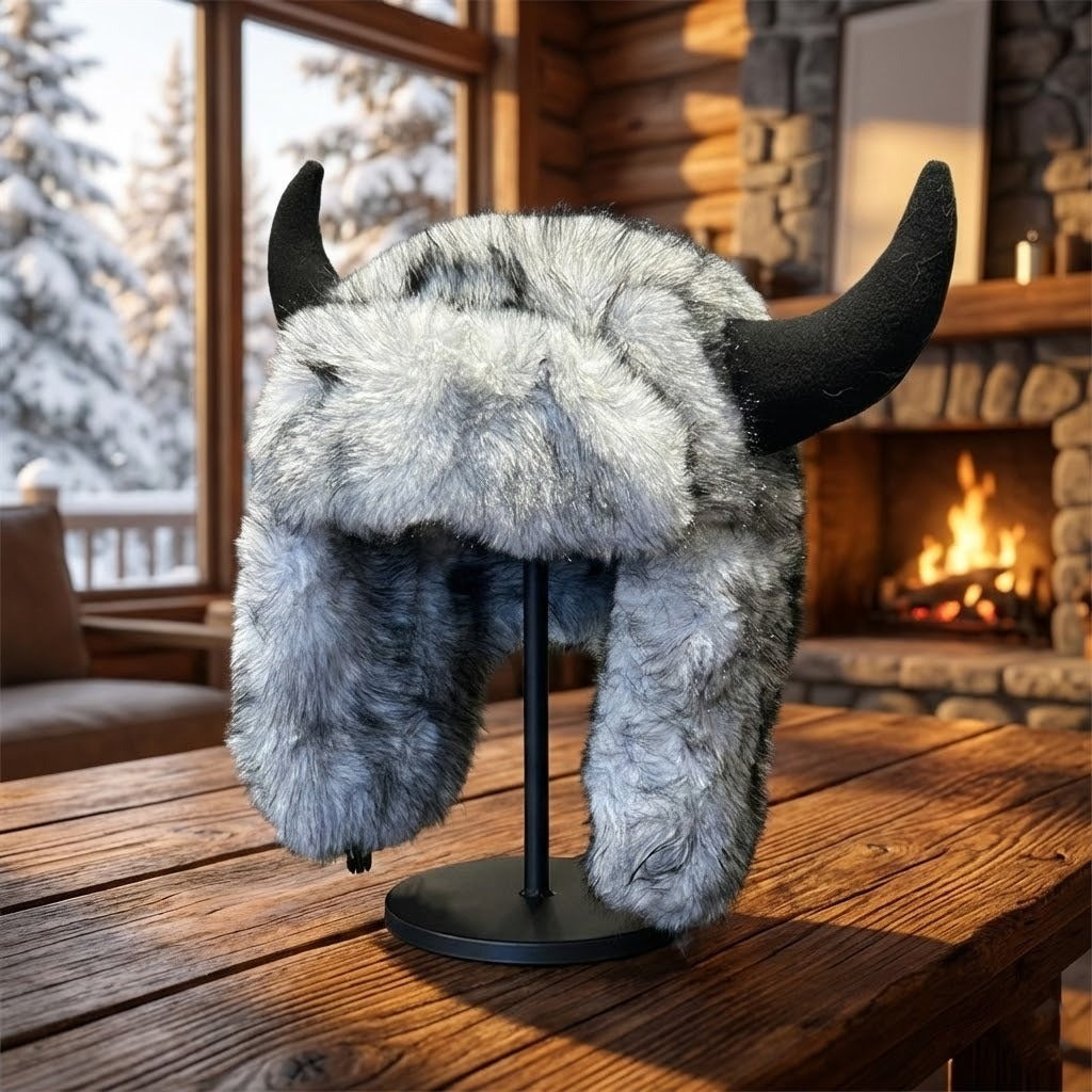 Horned Faux Fur Trapper Hat with Ear Flaps – Thick Insulated Winter Beanie for Men & Women