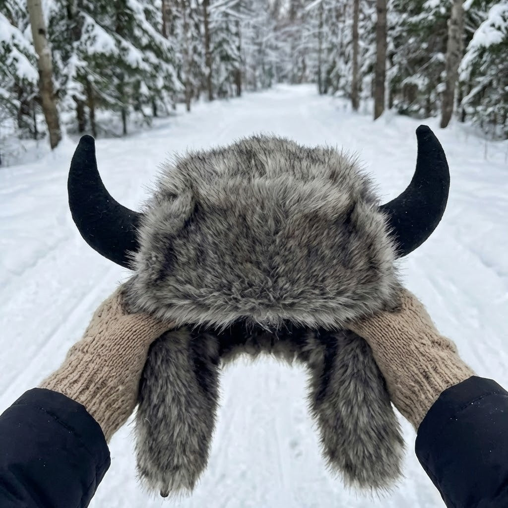Horned Faux Fur Trapper Hat with Ear Flaps – Thick Insulated Winter Beanie for Men & Women