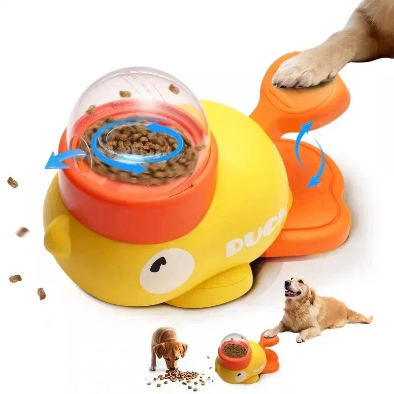 Interactieve puzzelvoerbak in de vorm van een eend en hond
