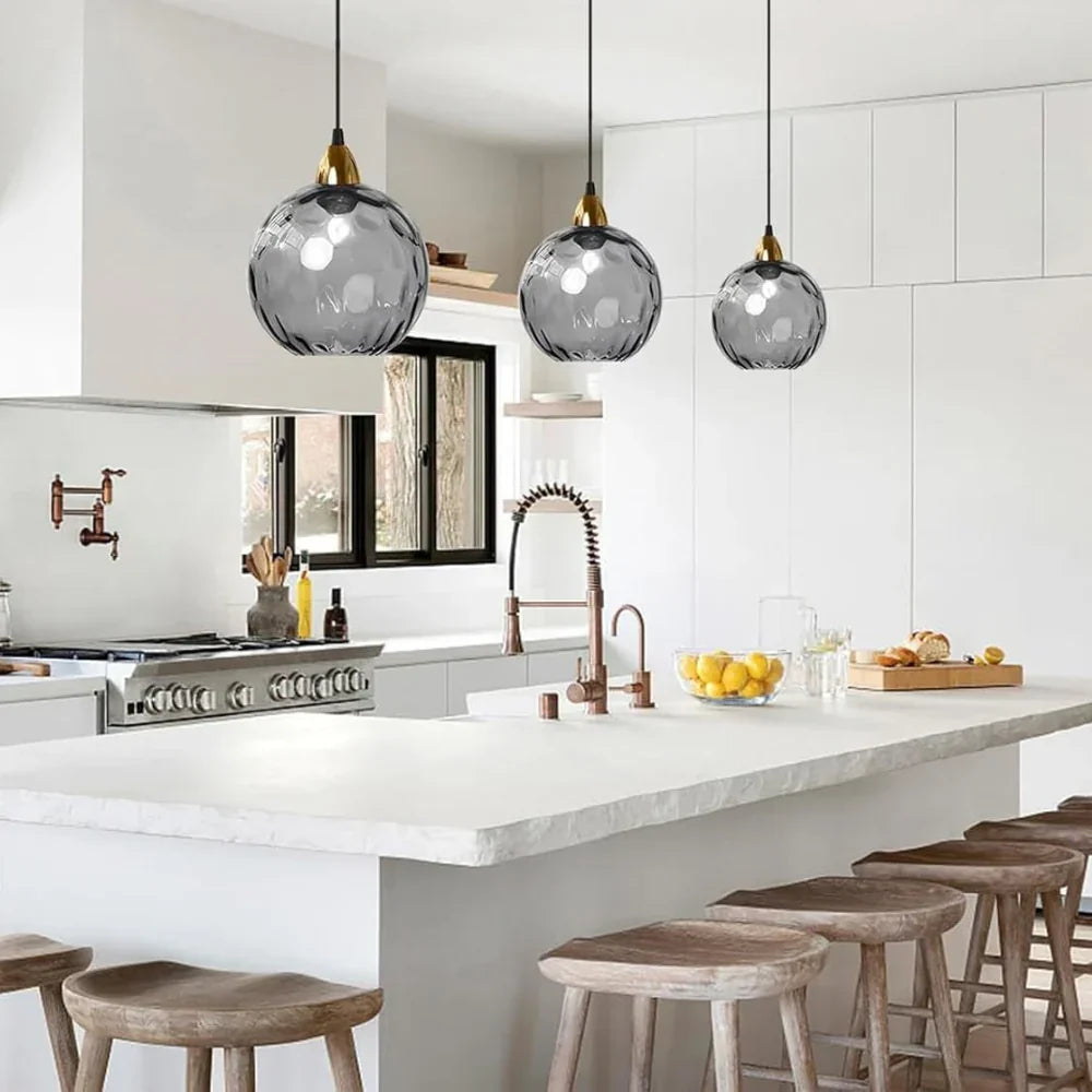 Getextureerde glazen hanglamp 7,9 inch, verlichting voor kookeiland in de eetkamer, in hoogte verstelbare moderne bolvormige pendellamp, minimalistische plafondlamp voor K | Thomler