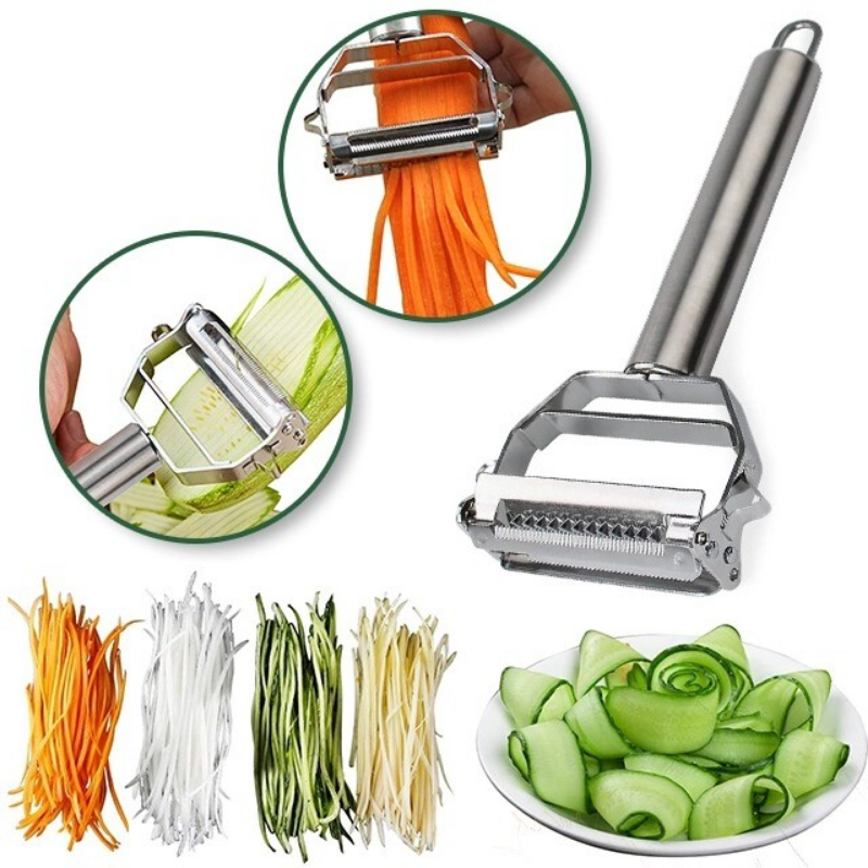 Pelador de verduras de doble hoja con cortador en juliana | Utensilio de cocina de acero inoxidable para patatas, zanahorias, calabacines, pepinos y manzanas | Apto para lavavajillas |
