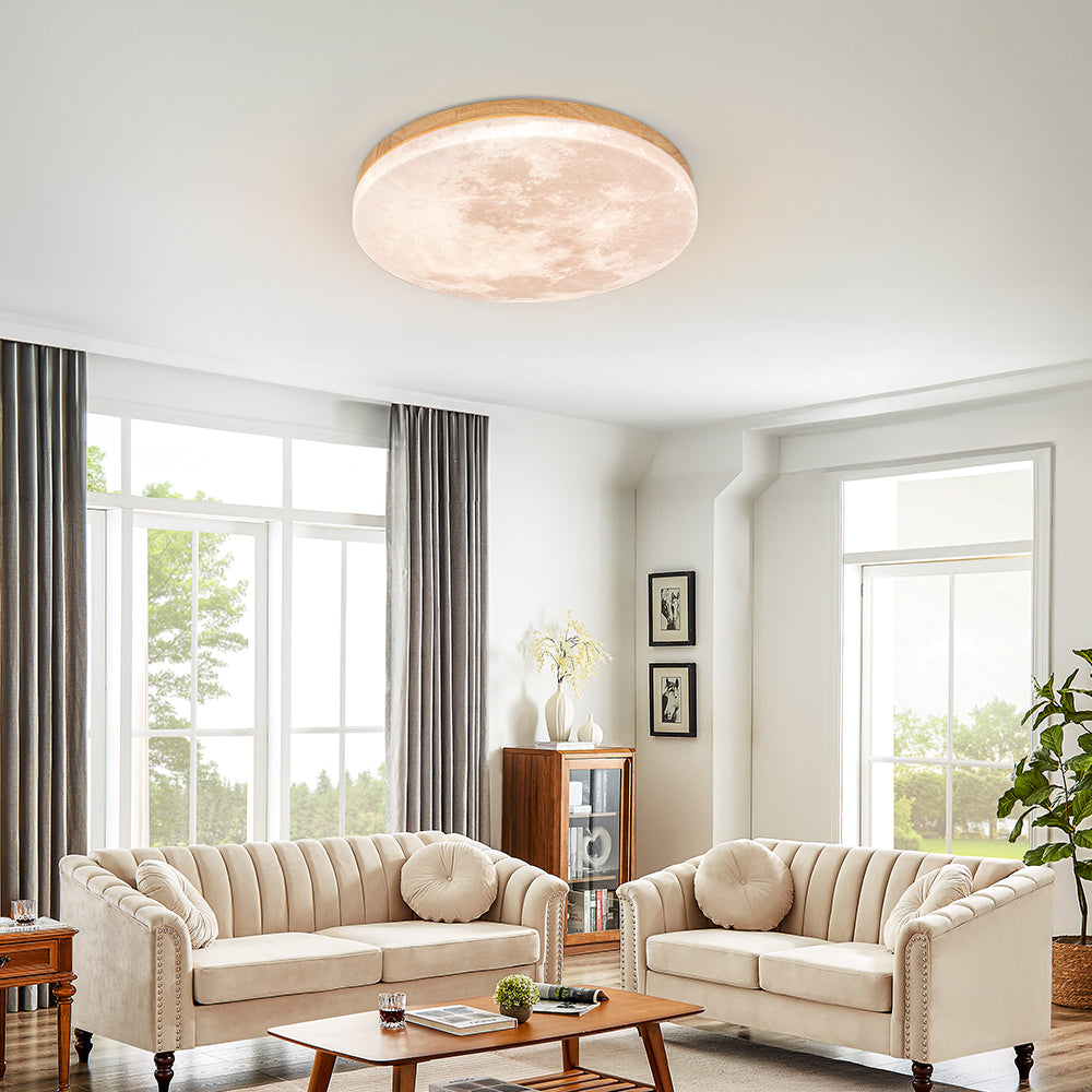 Runde LED-Unterputz-Deckenleuchte mit Mondoberflächen-Design, Holz & Acryl, 48 cm Durchmesser, für Schlafzimmer, Wohnzimmer und Flure, modernes Ambiente