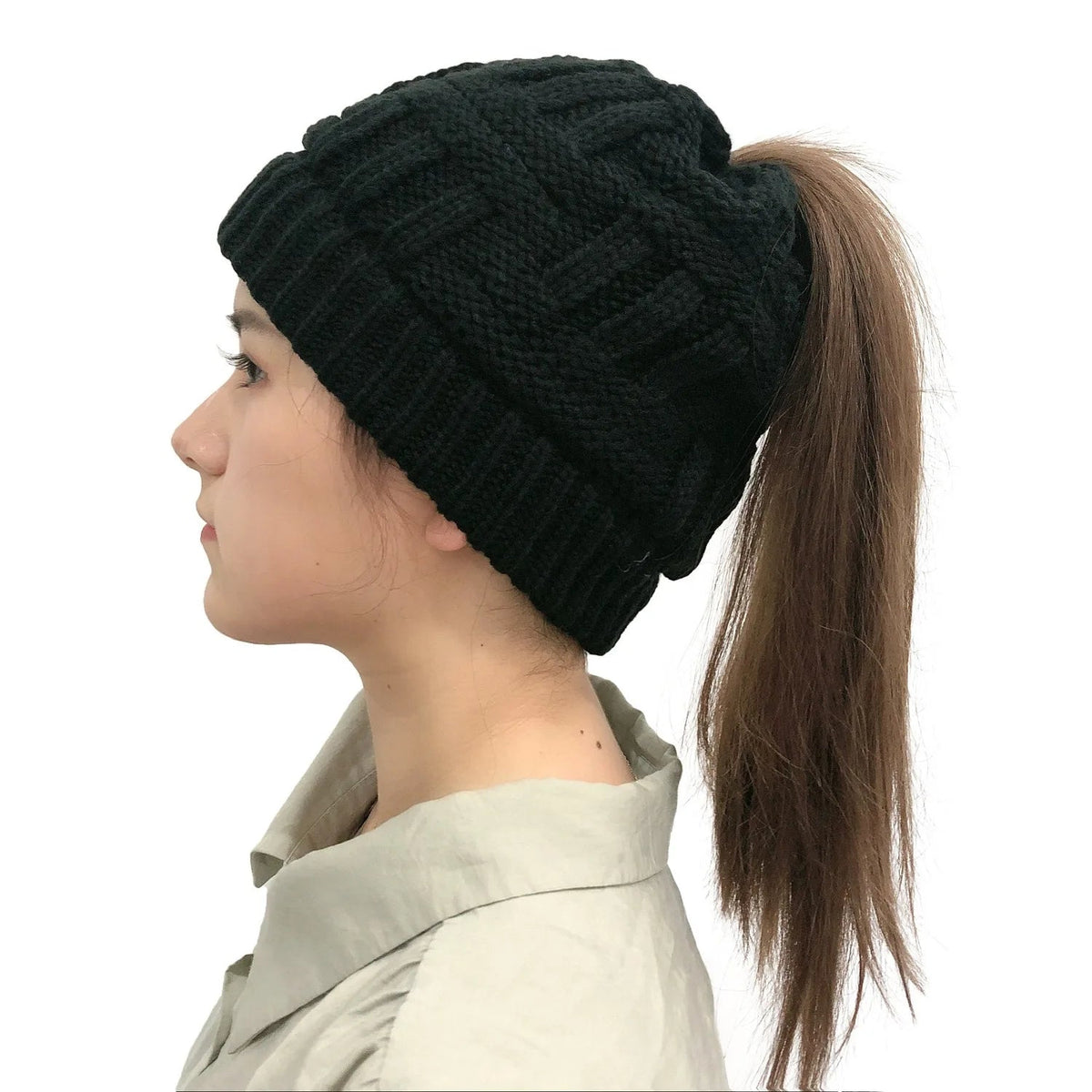 Cable-Knit Ponytail Beanie for Women – Stretchy Acrylic Wool Winter Hat