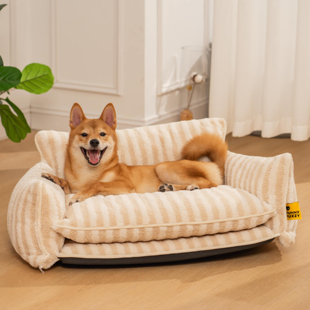 Plush Pet Couch with Washable Cover - Dual-Layer Cushioned Lounger for Dogs & Cats - Striped Fleece Nap Spot