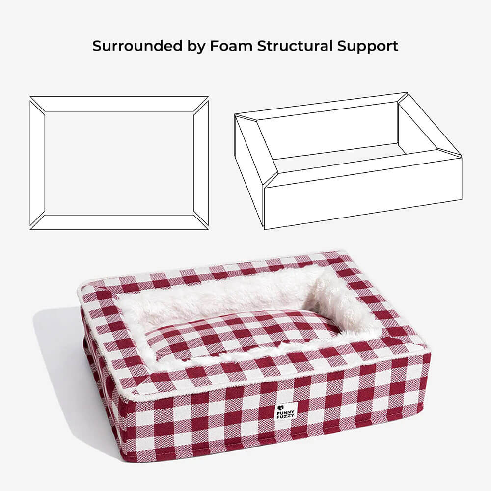 Plaid Raised-Edge Dog Bed with Memory Foam Bolster Support for Calming Sleep | Small to Extra Large Sizes | Classic Checkered Pattern Pet