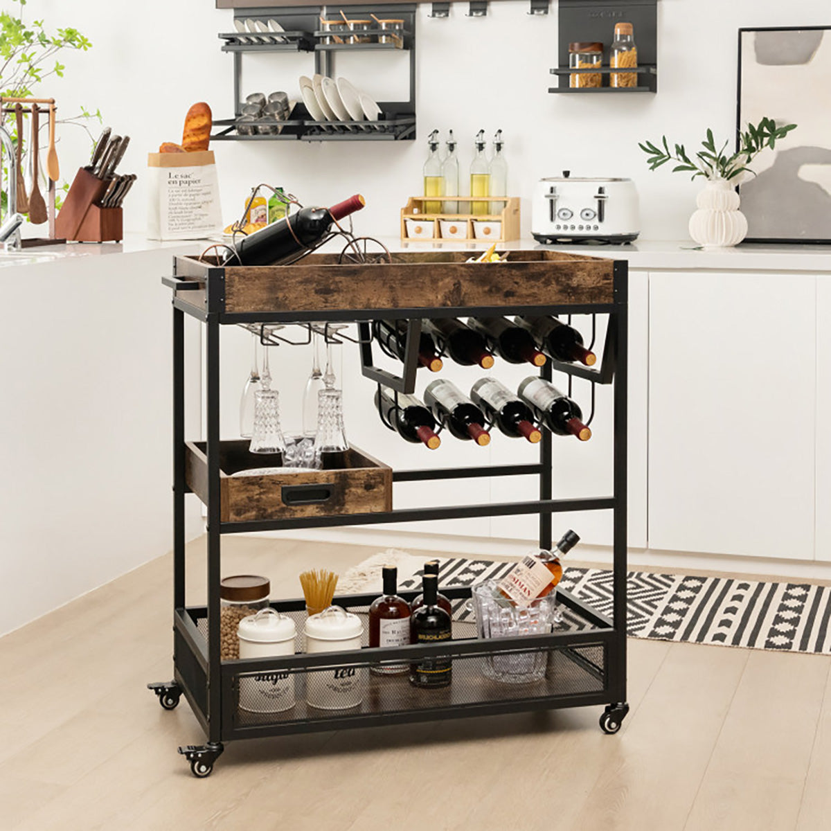 3-stöckiger industrieller Servierwagen mit Weinregal
