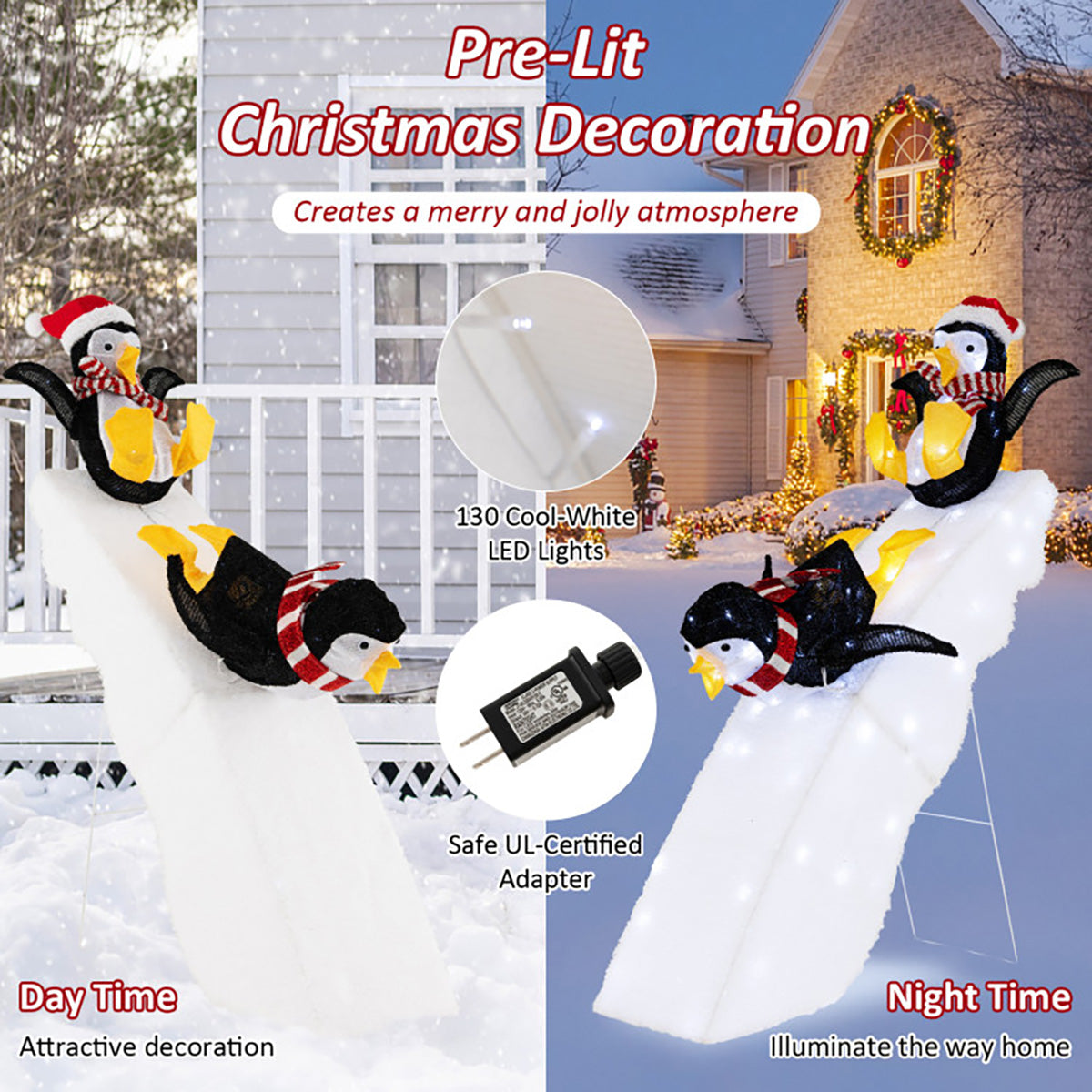 Decoración navideña de pingüino patinando sobre hielo de 4 pies preiluminada con tobogán nevado