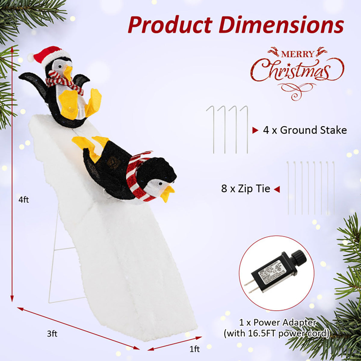 Decoración navideña de pingüino patinando sobre hielo de 4 pies preiluminada con tobogán nevado