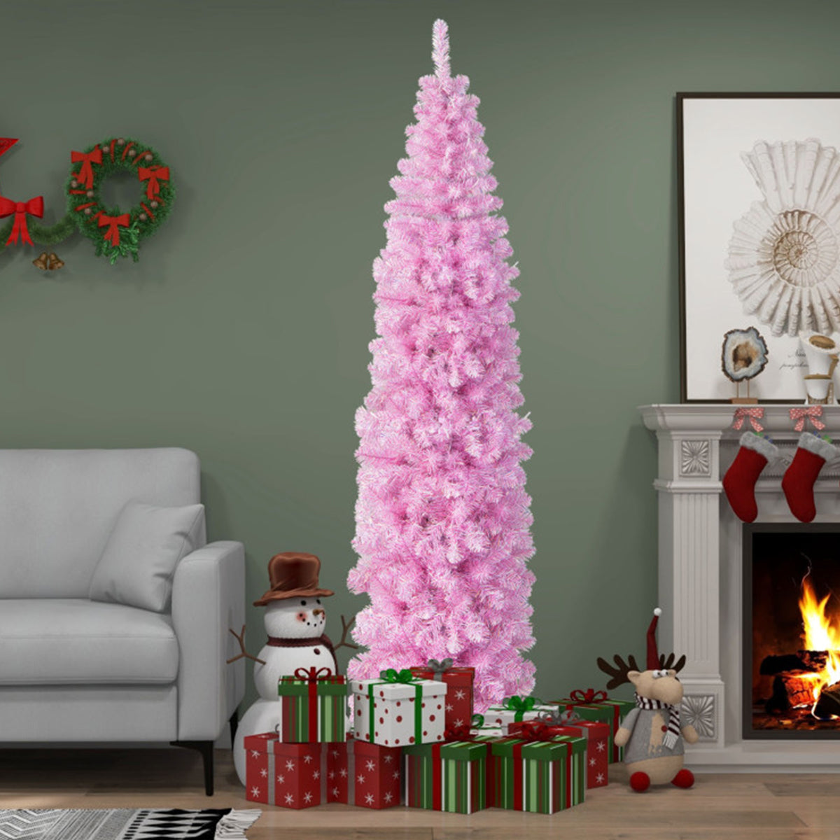 7' Pink Pre-lit Artificial Pencil Christmas Tree