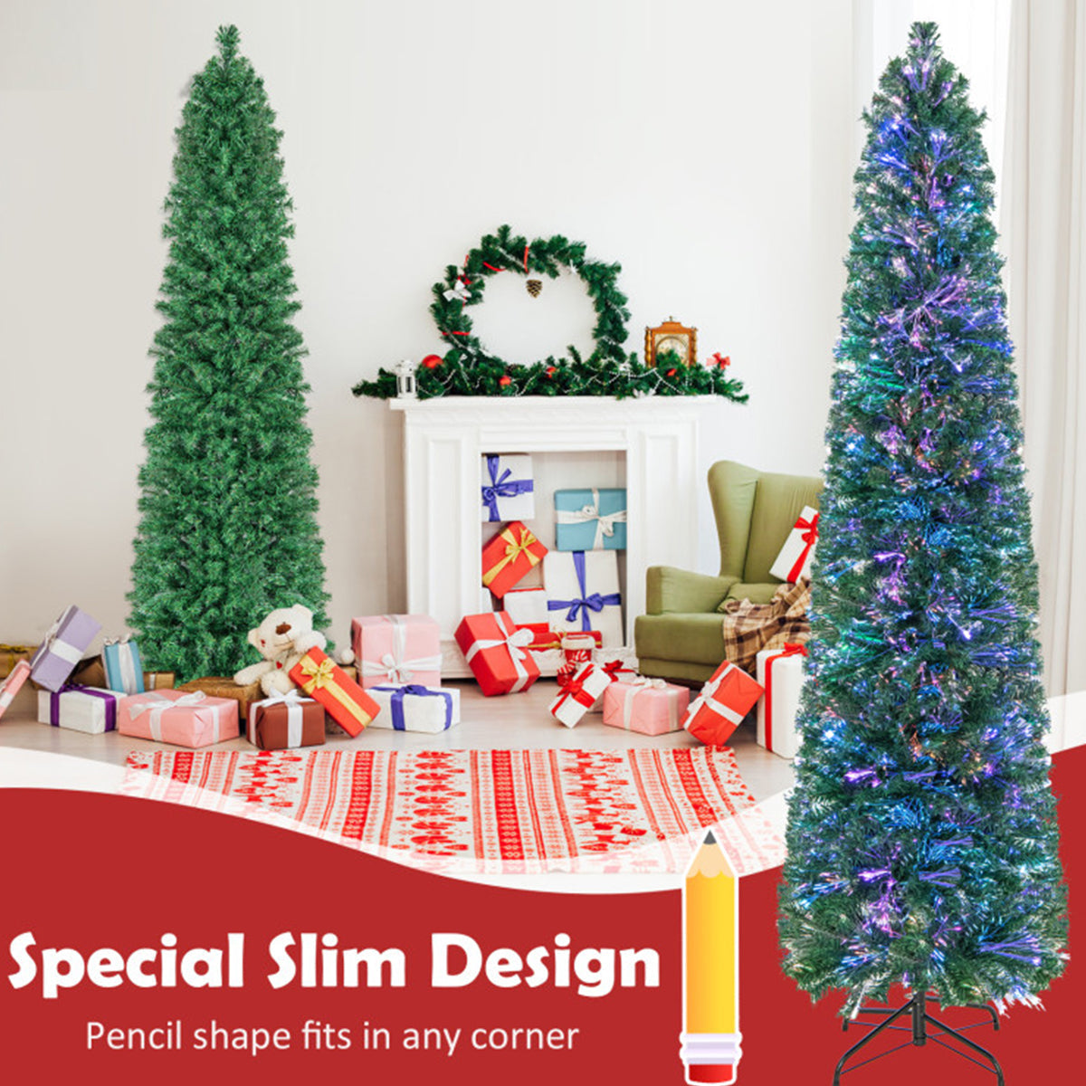 7' Pre-lit Artificial Pencil Christmas Tree with Fiber Optics