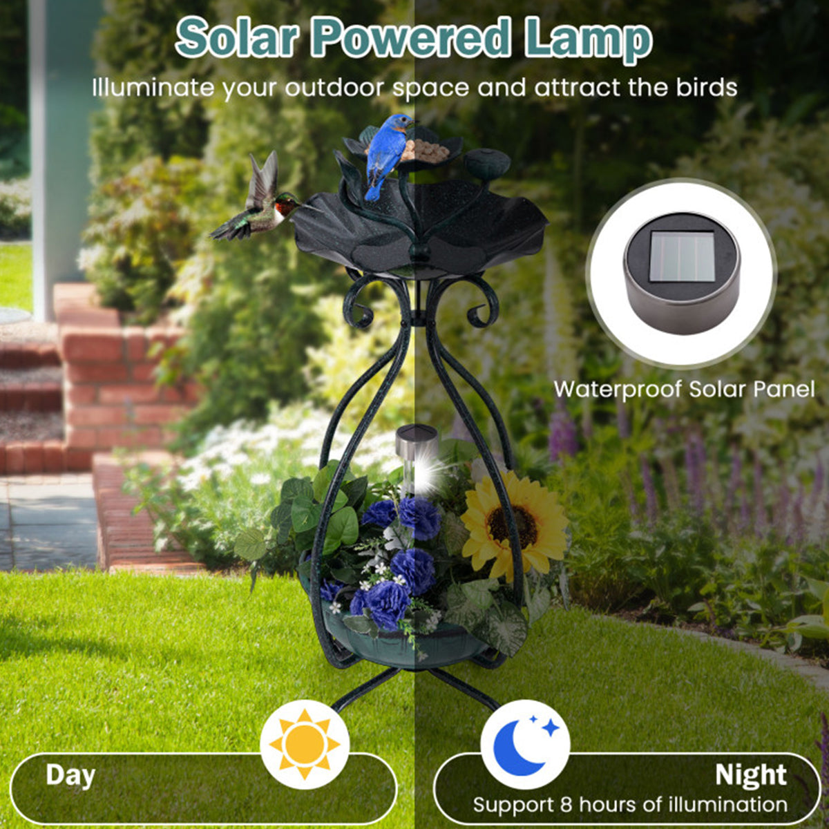 Bebedero, comedero y jardinera solar para pájaros