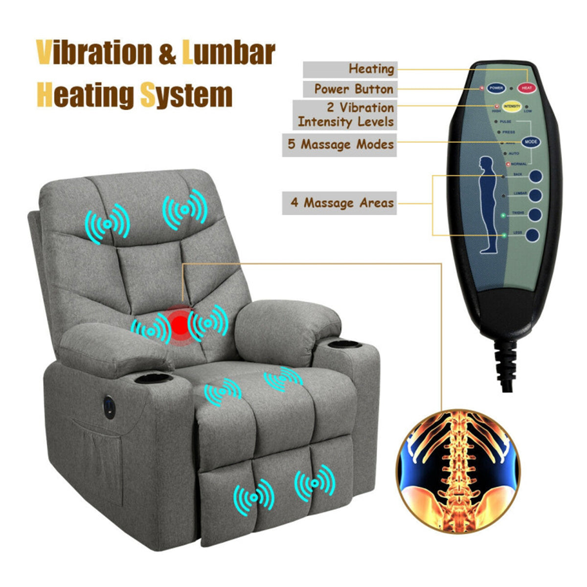 Sillón reclinable de masaje con calefacción y elevación eléctrica