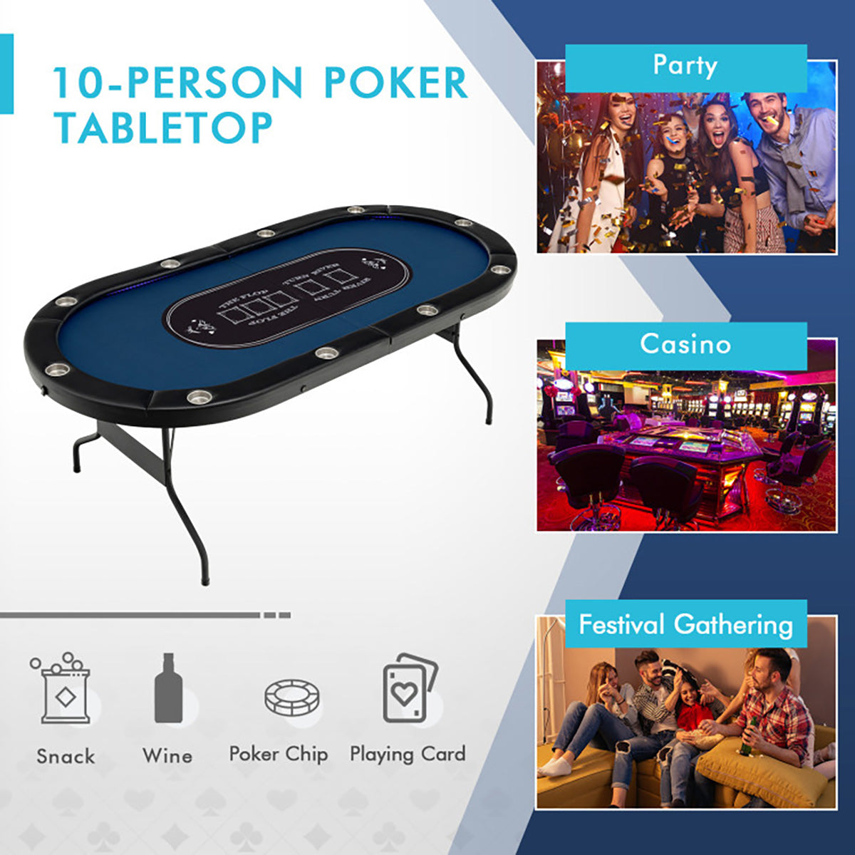 Klappbarer Pokertisch für 10 Spieler mit LED-Beleuchtung