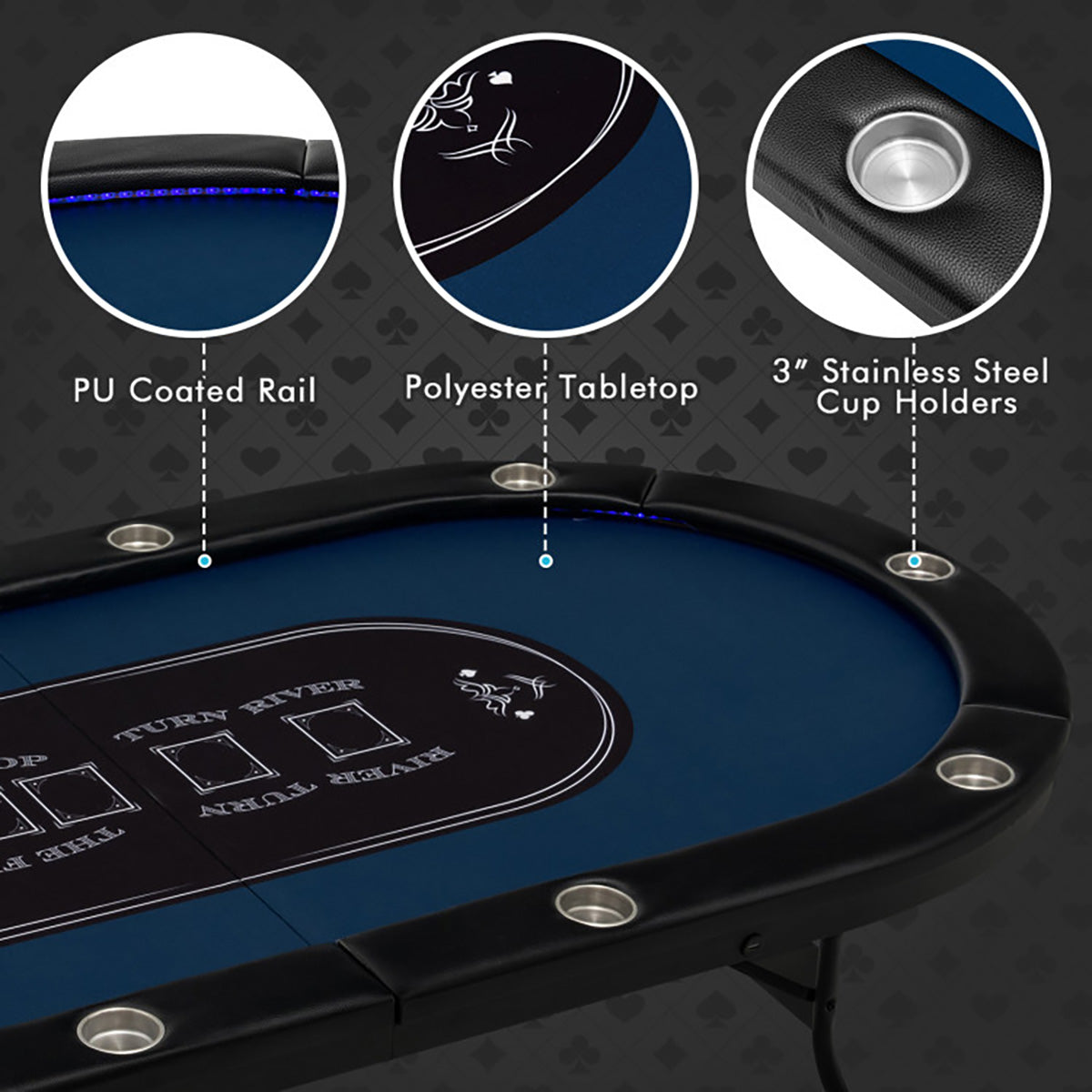 Klappbarer Pokertisch für 10 Spieler mit LED-Beleuchtung