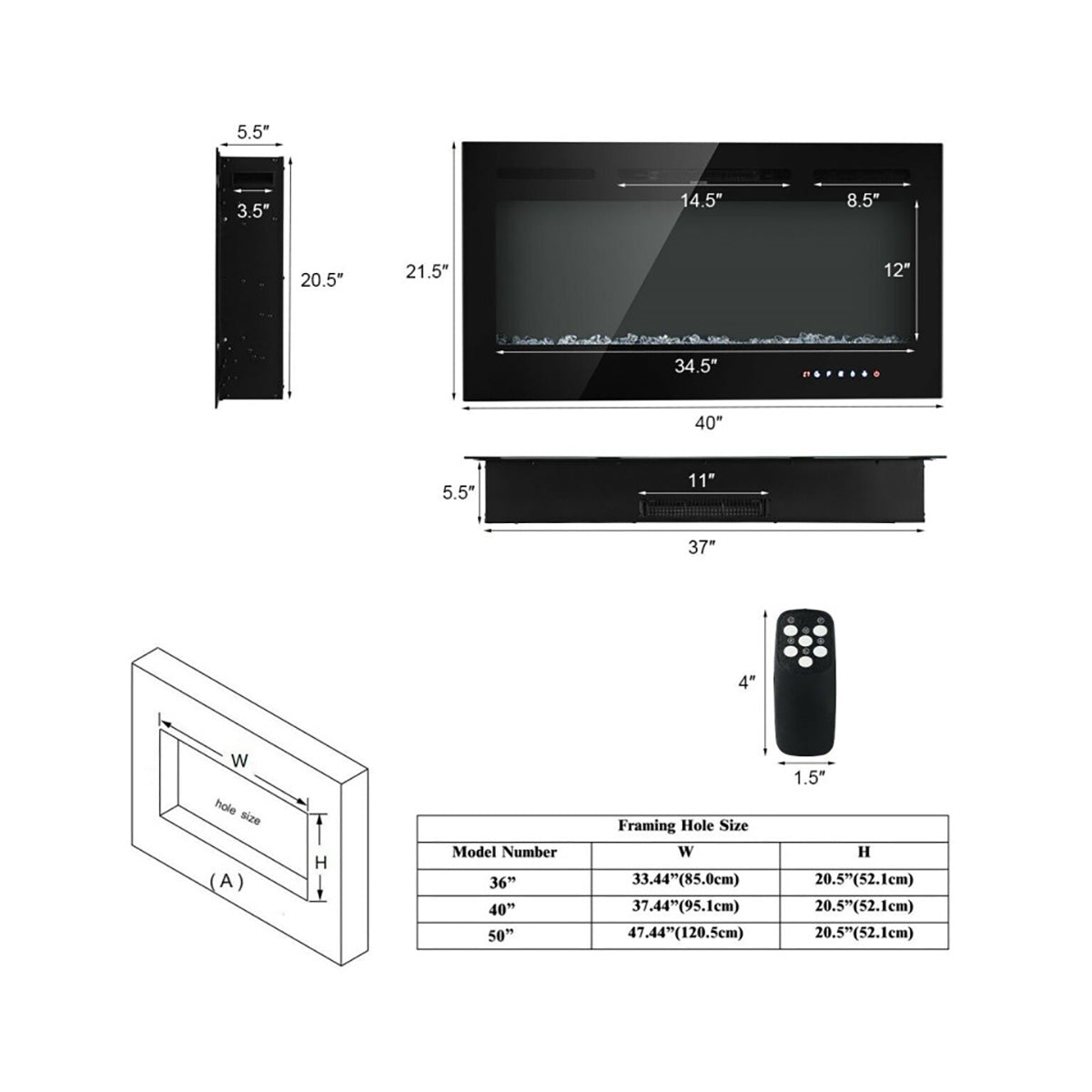 Chimenea eléctrica empotrable de 40''