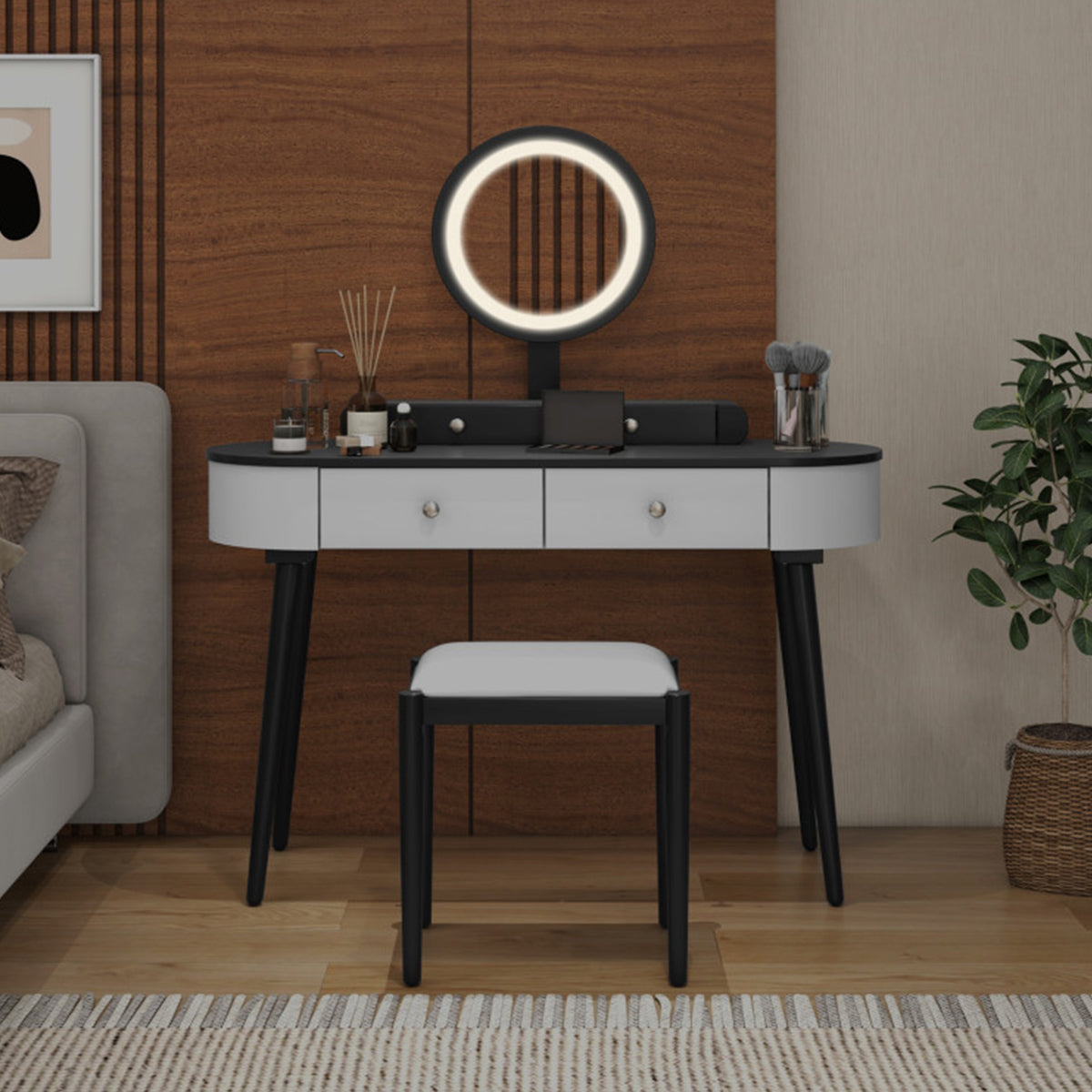 Schminktisch-Set mit Hocker und LED-Spiegel