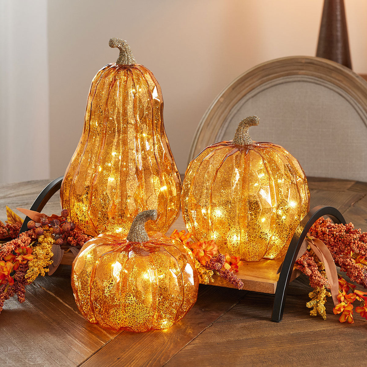 Beleuchtetes Herbstkürbis-Set (3er-Set)