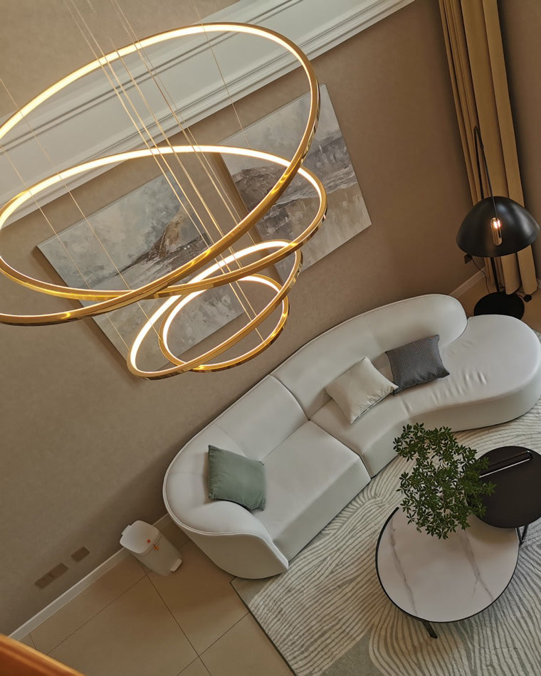 Multi-Tier Cascading LED Ring Fixture for Grand Entryways and Tall Staircases – Height-Adjustable Modern Statement Lighting with Remote Dimm