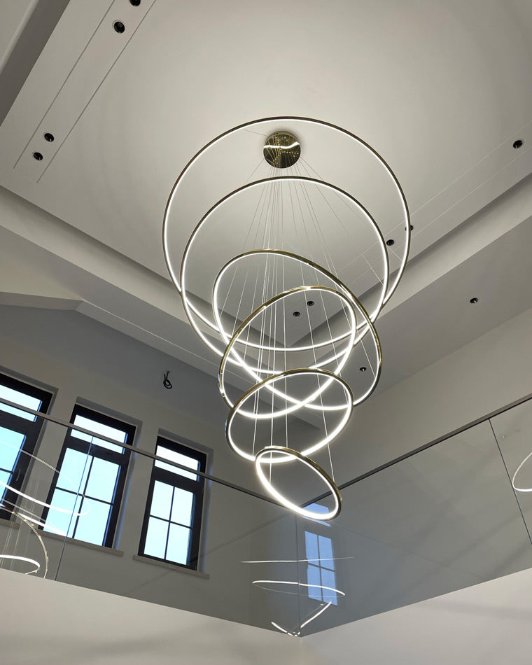 Multi-Tier Cascading LED Ring Fixture for Grand Entryways and Tall Staircases – Height-Adjustable Modern Statement Lighting with Remote Dimm