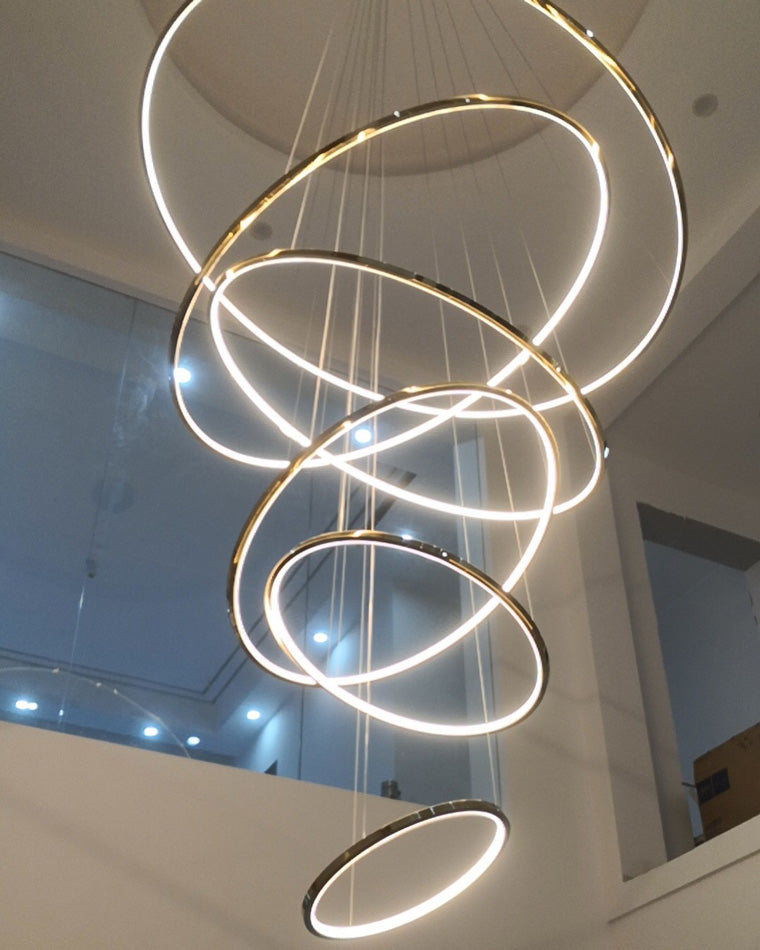Multi-Tier Cascading LED Ring Fixture for Grand Entryways and Tall Staircases – Height-Adjustable Modern Statement Lighting with Remote Dimm