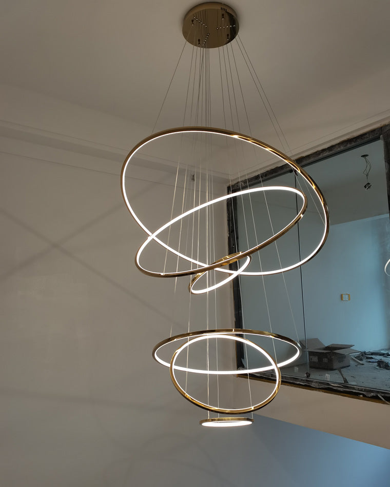 Multi-Tier Cascading LED Ring Fixture for Grand Entryways and Tall Staircases – Height-Adjustable Modern Statement Lighting with Remote Dimm