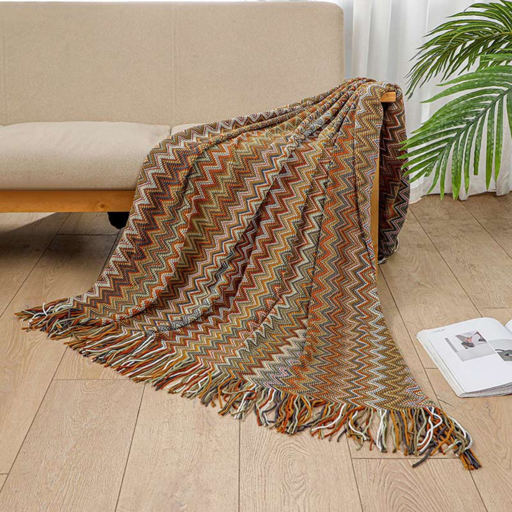 Chevron Knit Throw Blanket with Fringe Trim – Lightweight Acrylic for Year-Round Comfort