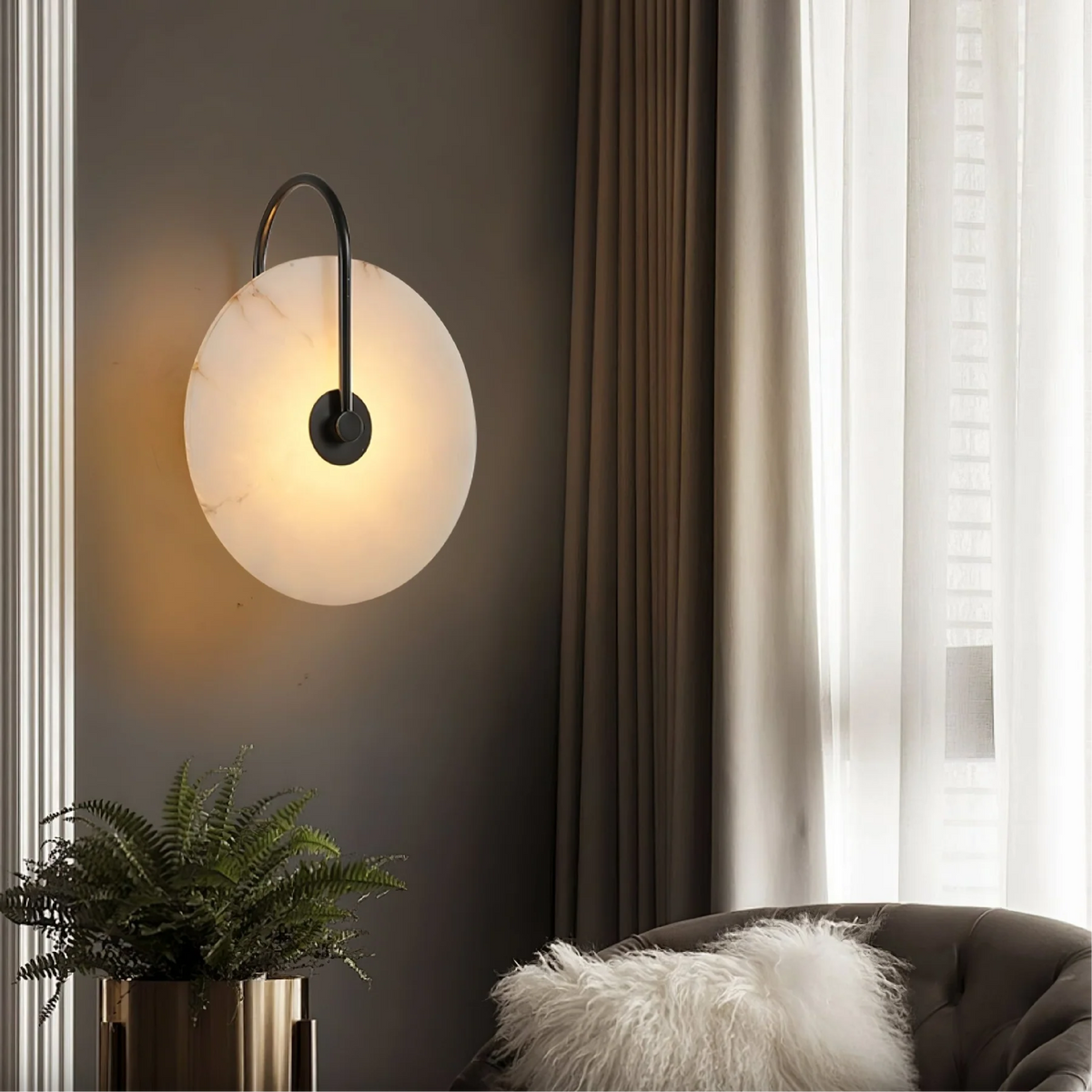 Alabaster Disc Sconce with Gold Arm – Natural Stone Wall Light for Bedroom, Living Room & Hallway – Integrated LED 6 to 12 Inch – Warm White | Thomler