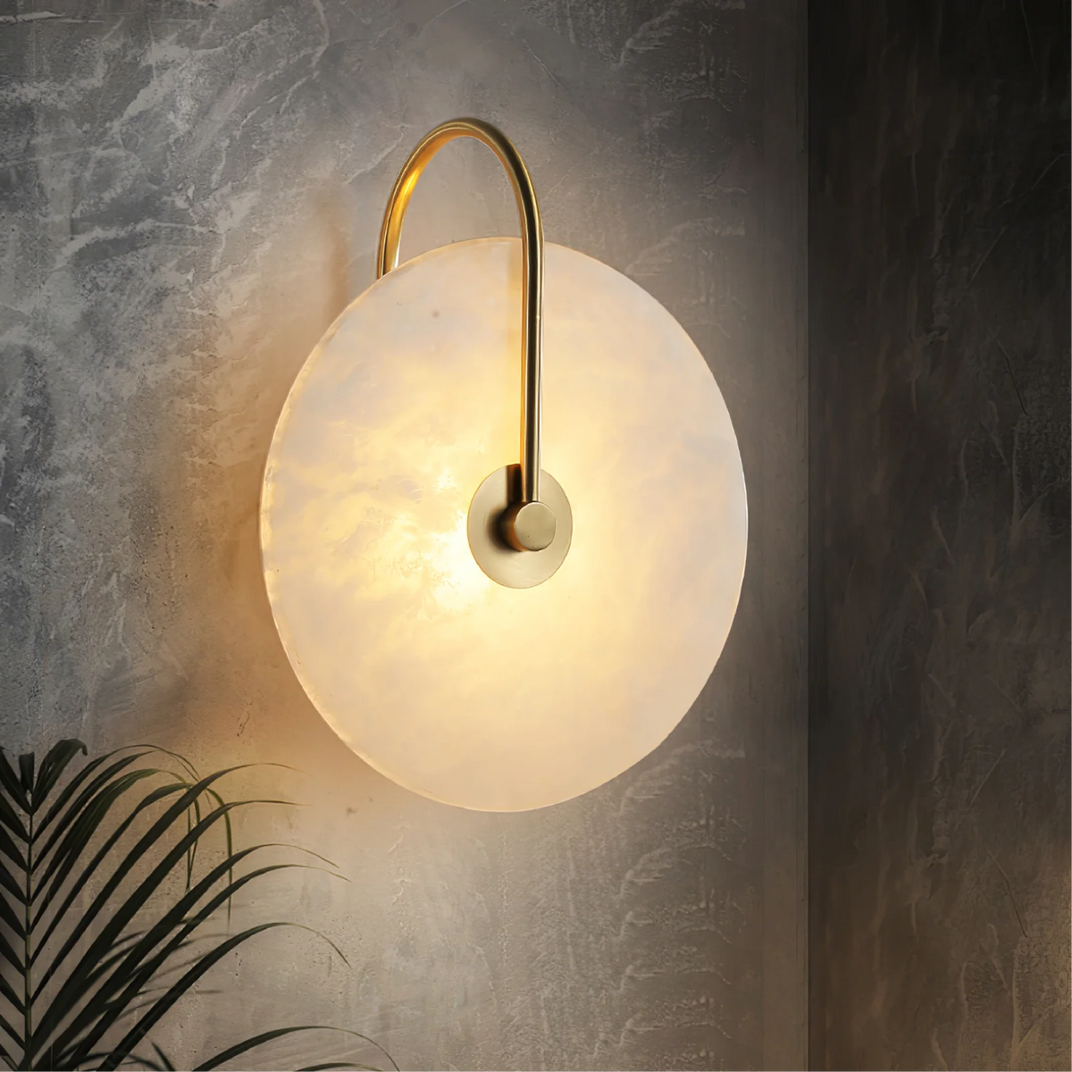 Alabaster Disc Sconce with Gold Arm – Natural Stone Wall Light for Bedroom, Living Room & Hallway – Integrated LED 6 to 12 Inch – Warm White | Thomler