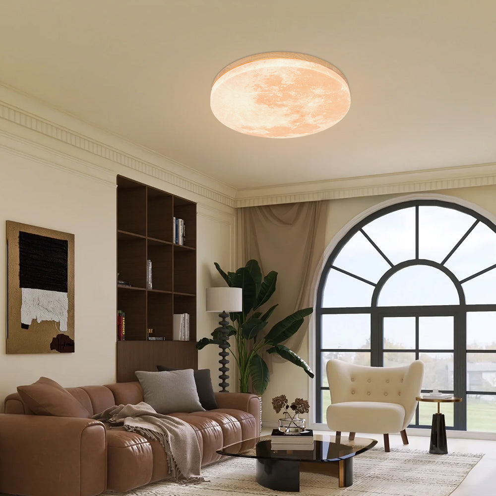 Runde LED-Unterputz-Deckenleuchte mit Mondoberflächen-Design, Holz & Acryl, 48 cm Durchmesser, für Schlafzimmer, Wohnzimmer und Flure, modernes Ambiente