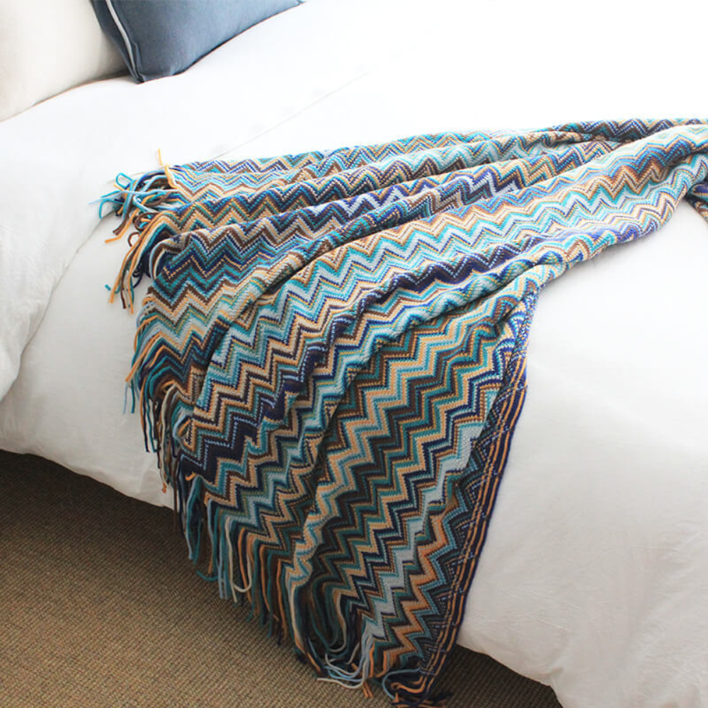 Chevron Knit Throw Blanket with Fringe Trim – Lightweight Acrylic for Year-Round Comfort